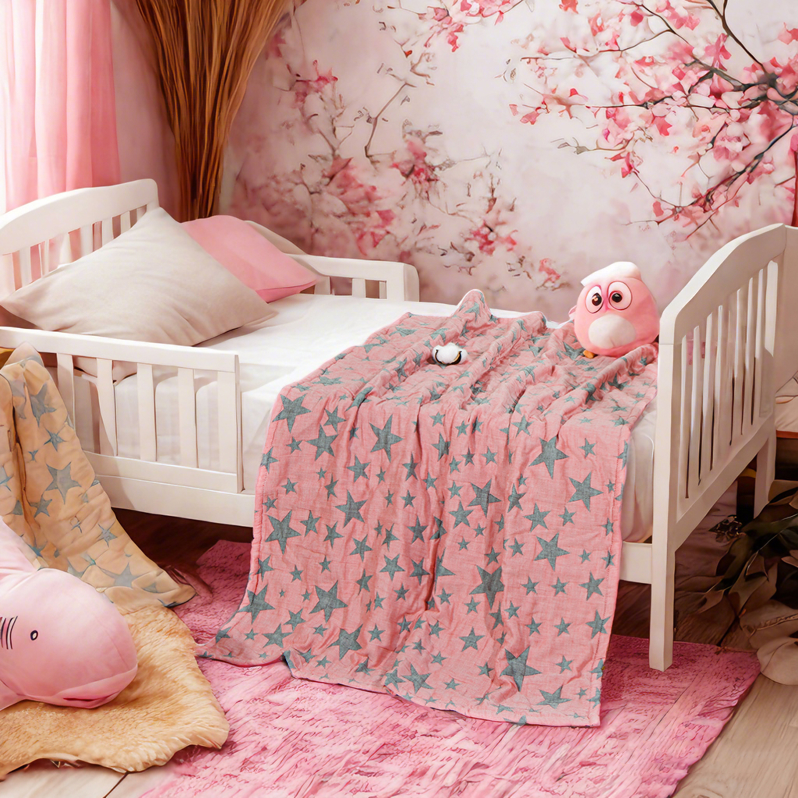 3-Layer Muslin Cotton Toddler Blanket, Lightweight and Warm, Jacquard Baby Blanket, Perfect for All Seasons