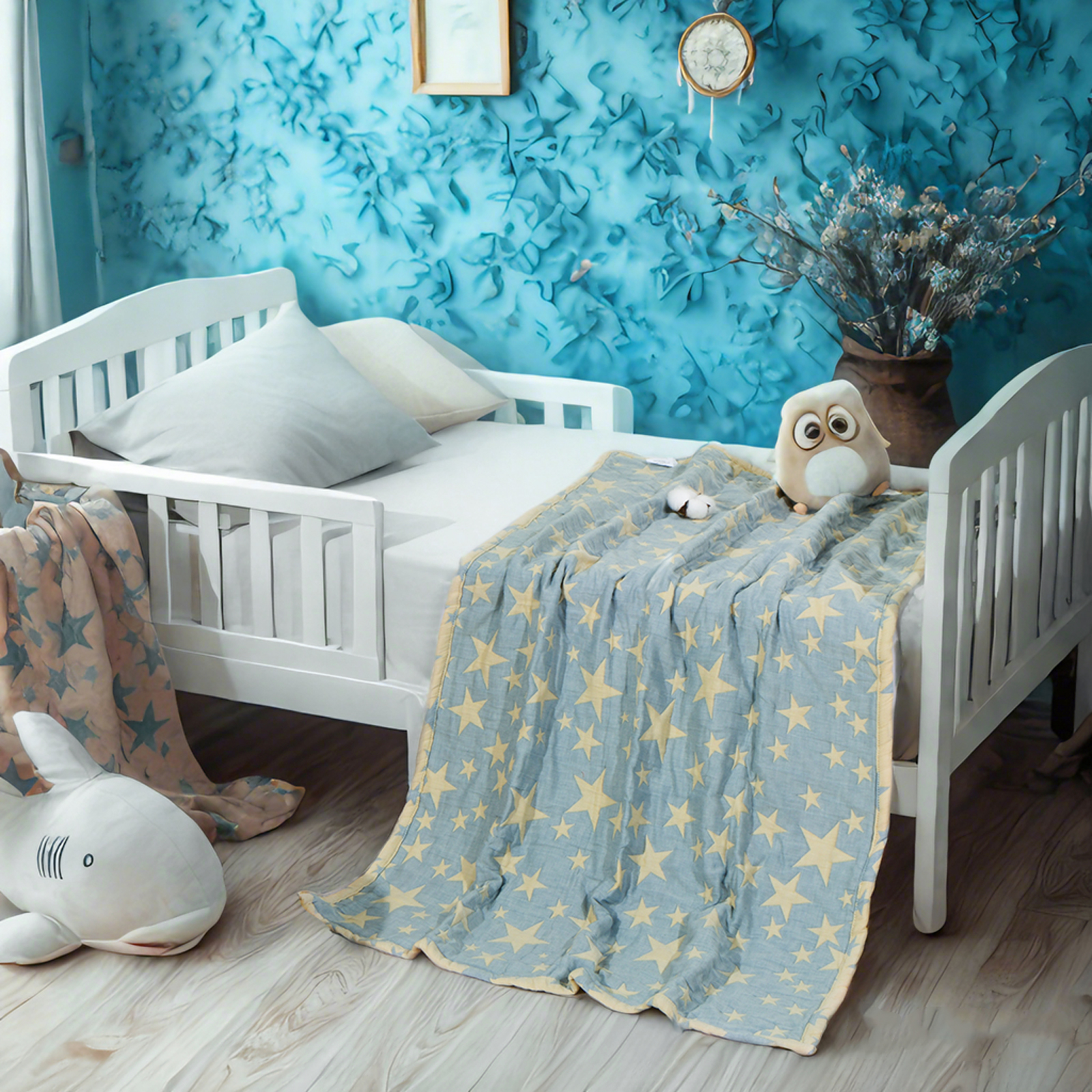 3 层薄纱棉质幼儿毯，轻便保暖，提花婴儿毯，四季皆宜