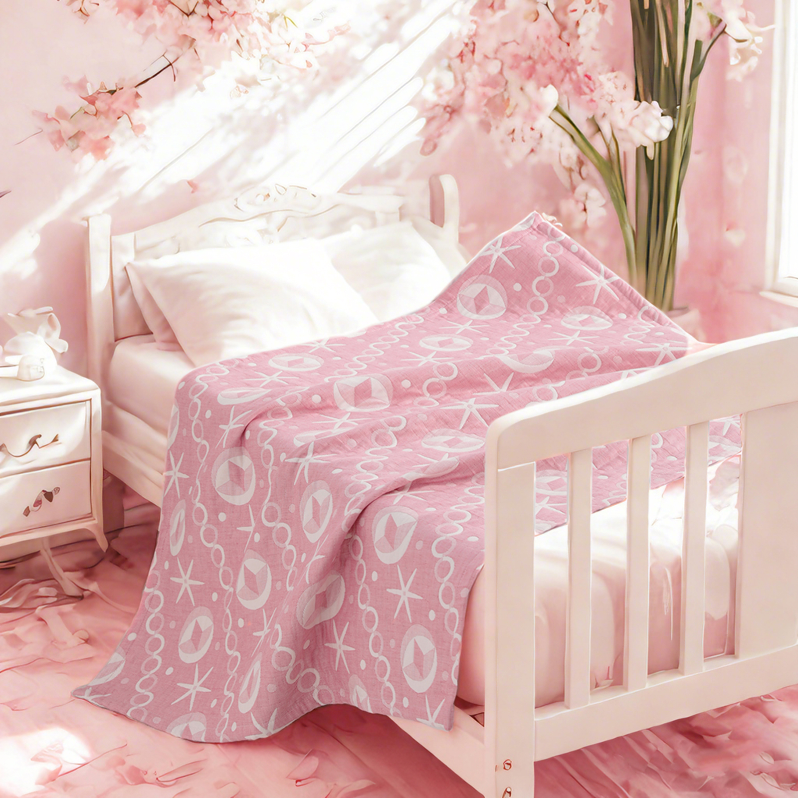 3 层薄纱棉质幼儿毯，轻便保暖，提花婴儿毯，四季皆宜