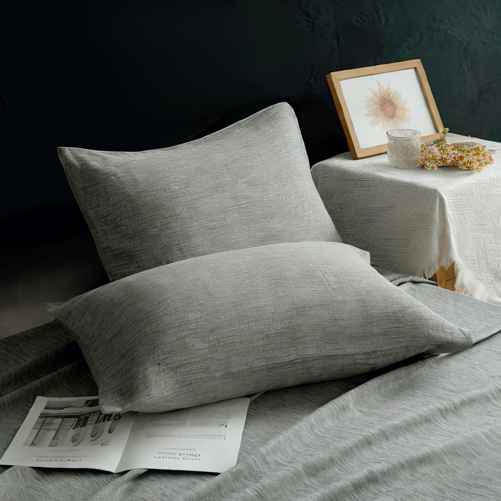2个法式亚麻标准枕套，透气降温枕套，信封封口