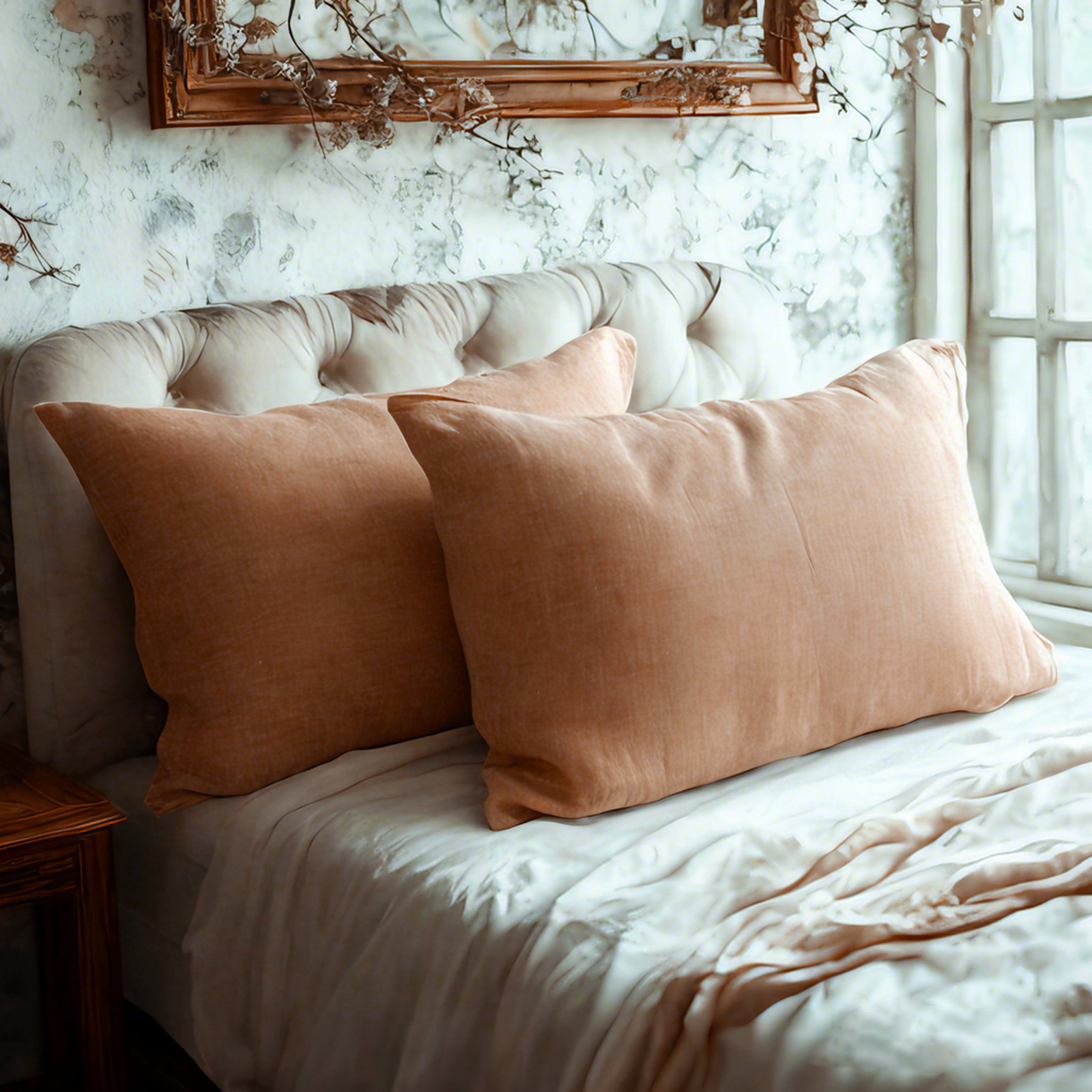 2个法式亚麻标准枕套，透气降温枕套，信封封口