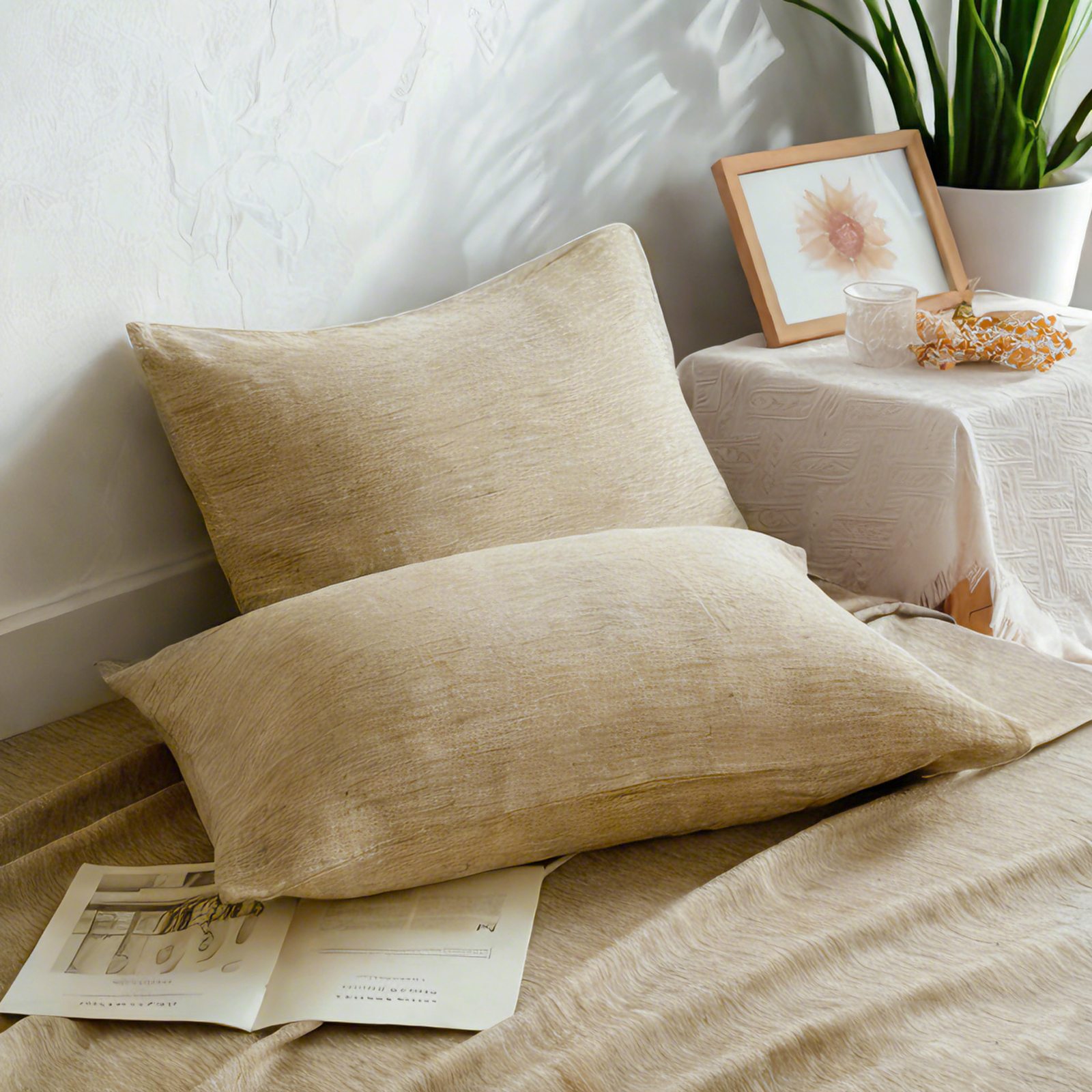 2个法式亚麻标准枕套，透气降温枕套，信封封口