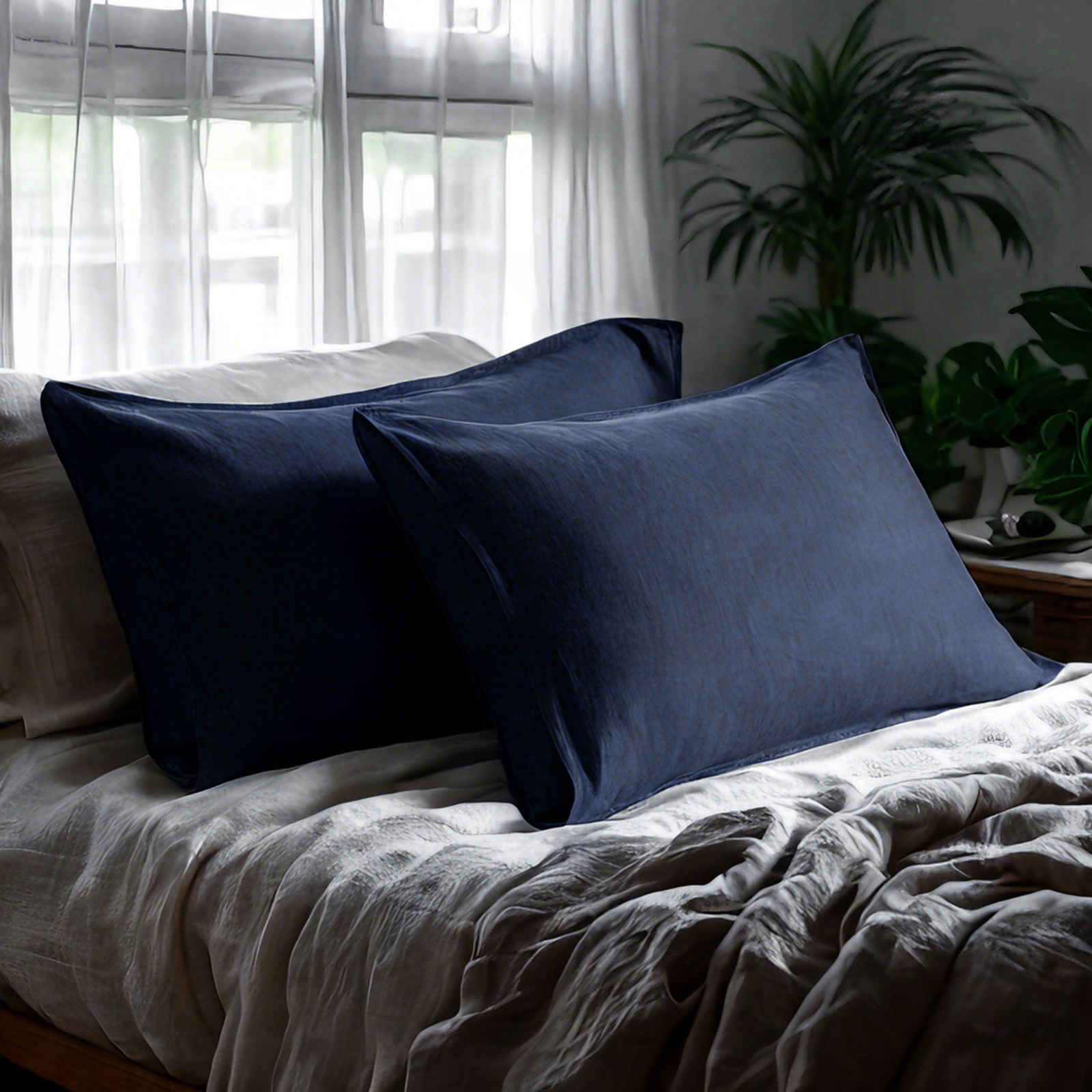 2个法式亚麻标准枕套，透气降温枕套，信封封口