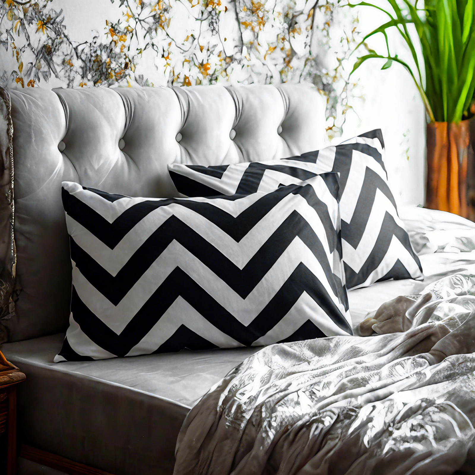 2 Soft brushed microfiber pillowcases, black and white pattern, envelope sealing