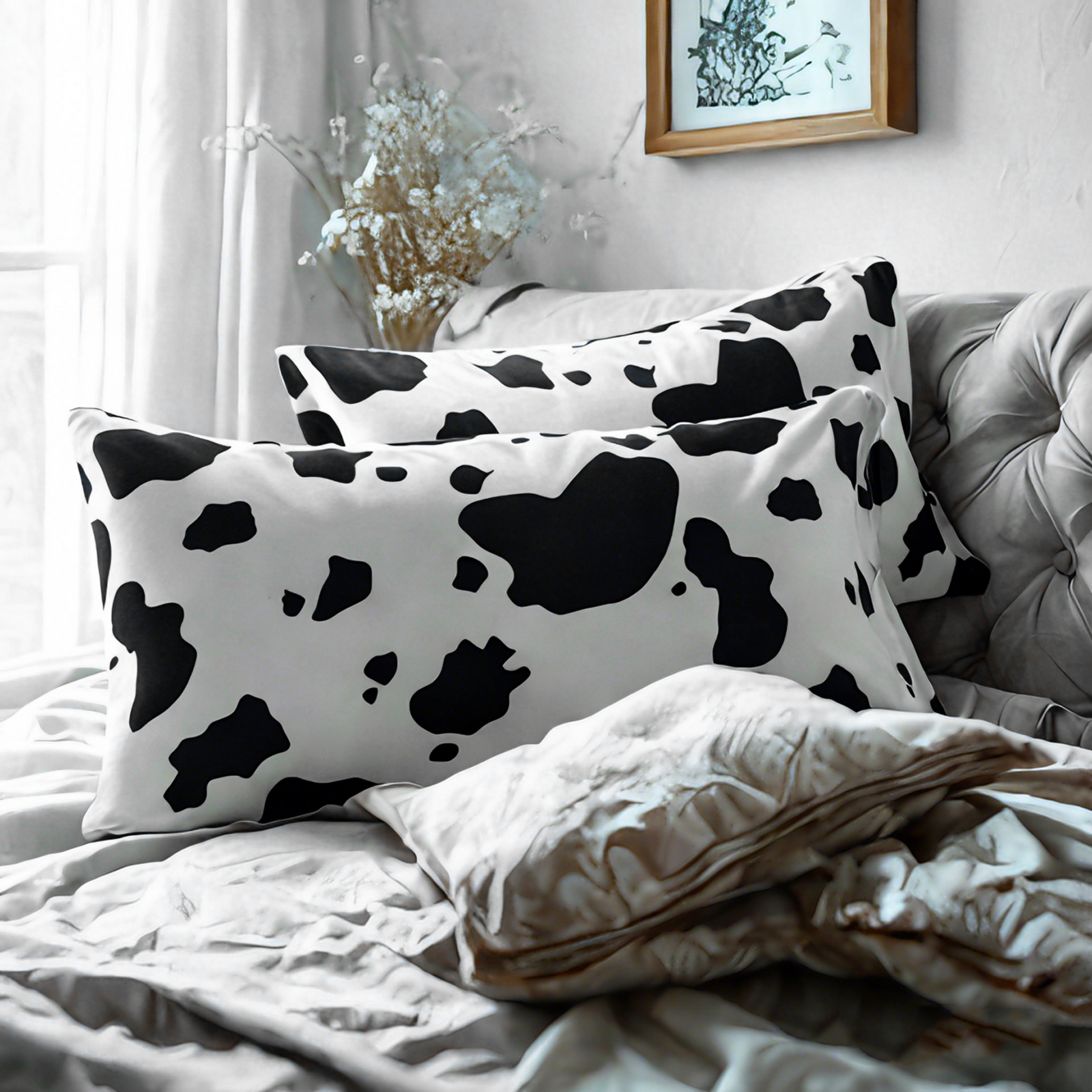 2个柔软拉绒超细纤维枕套，黑白图案，信封式封口