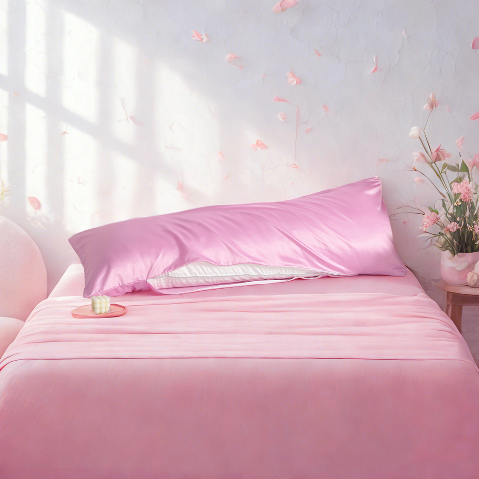 1个豪华色丁身体枕套，带隐藏式拉链的护发护肤枕套