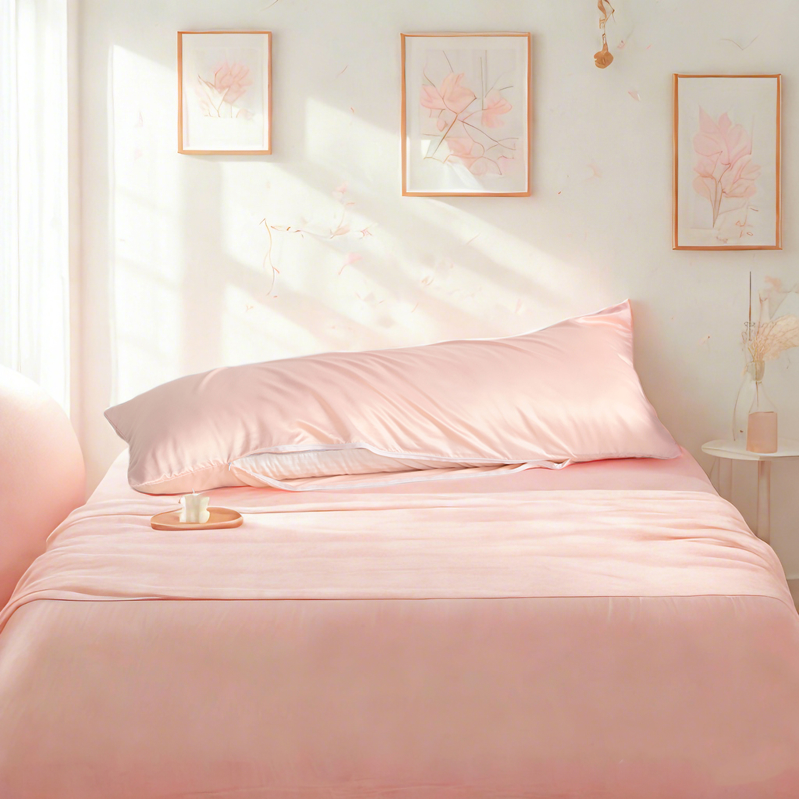 1个豪华色丁身体枕套，带隐藏式拉链的护发护肤枕套