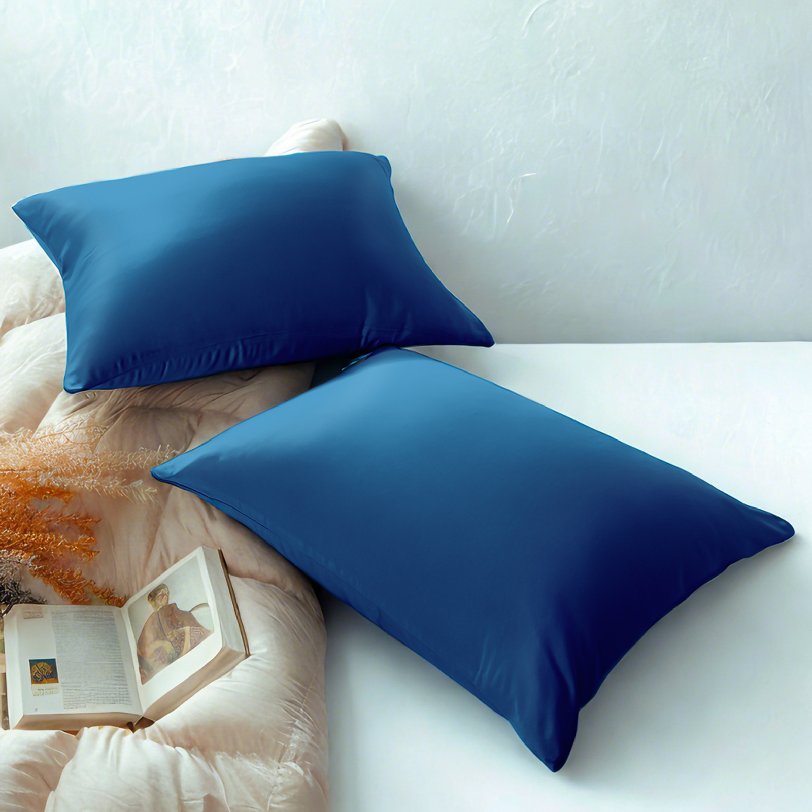 2个豪华色丁枕套，带隐藏式拉链的护发护肤枕套