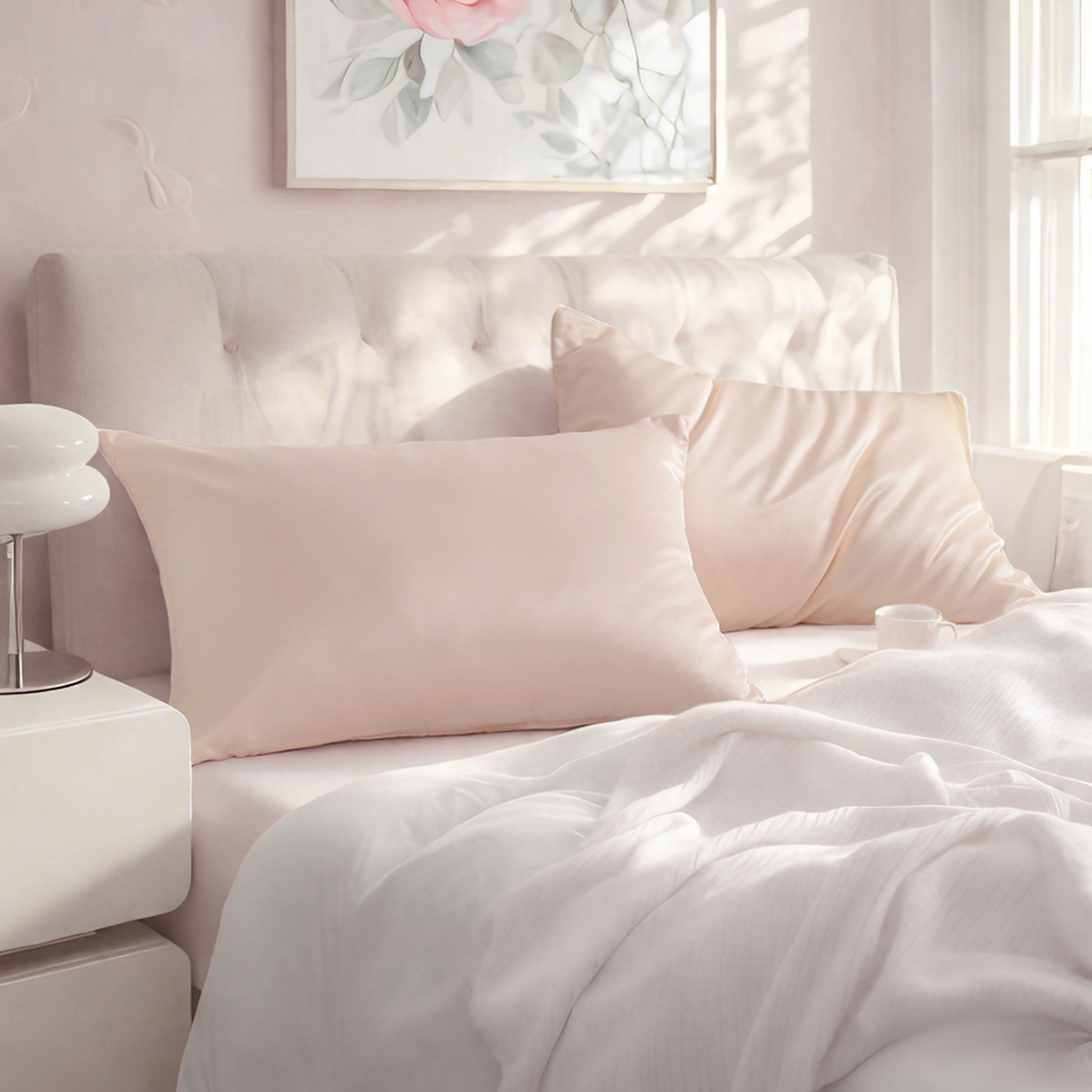 2个豪华色丁枕套，带隐藏式拉链的护发护肤枕套