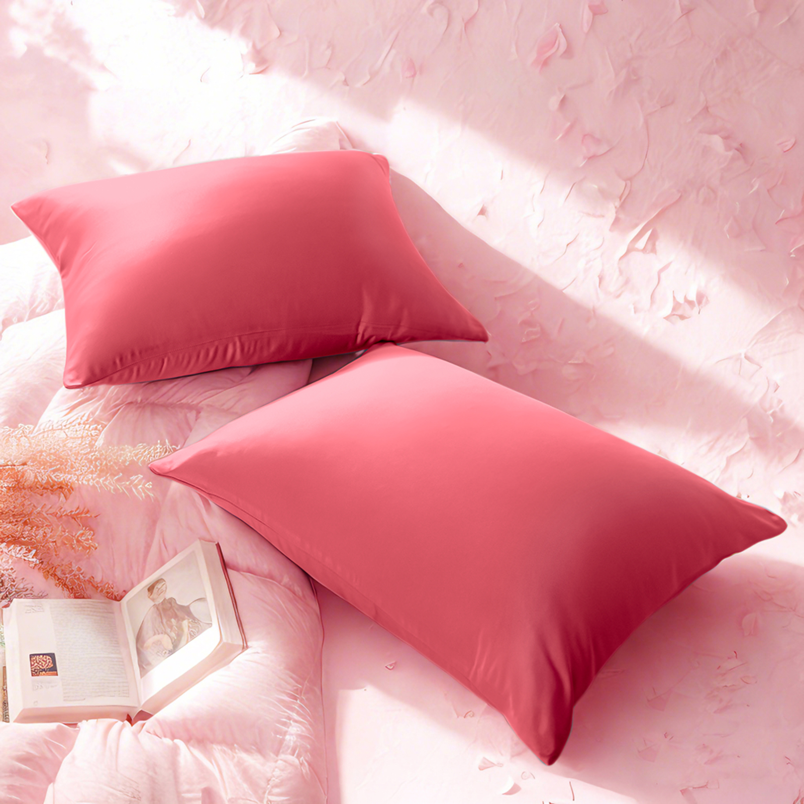 2个豪华色丁枕套，带隐藏式拉链的护发护肤枕套