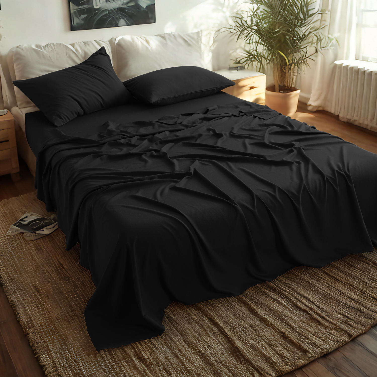 竹纤维床单套装，人造丝，柔软凉爽，含床单、枕套、深口袋床笠，黑色