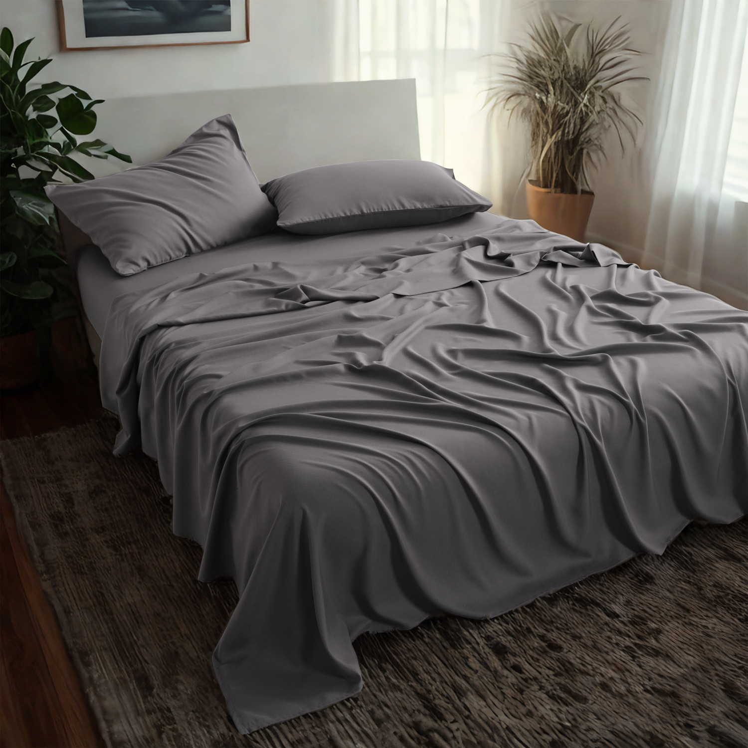 竹纤维床单套装，人造丝，柔软凉爽，含床单、枕套、深口袋床笠，灰色
