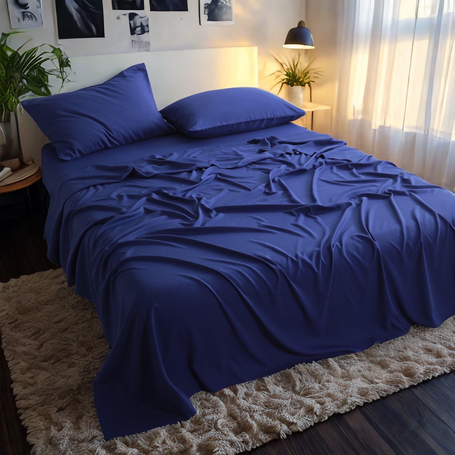 竹纤维床单套装，人造丝，柔软凉爽，含床单、枕套、深口袋床笠，藏青