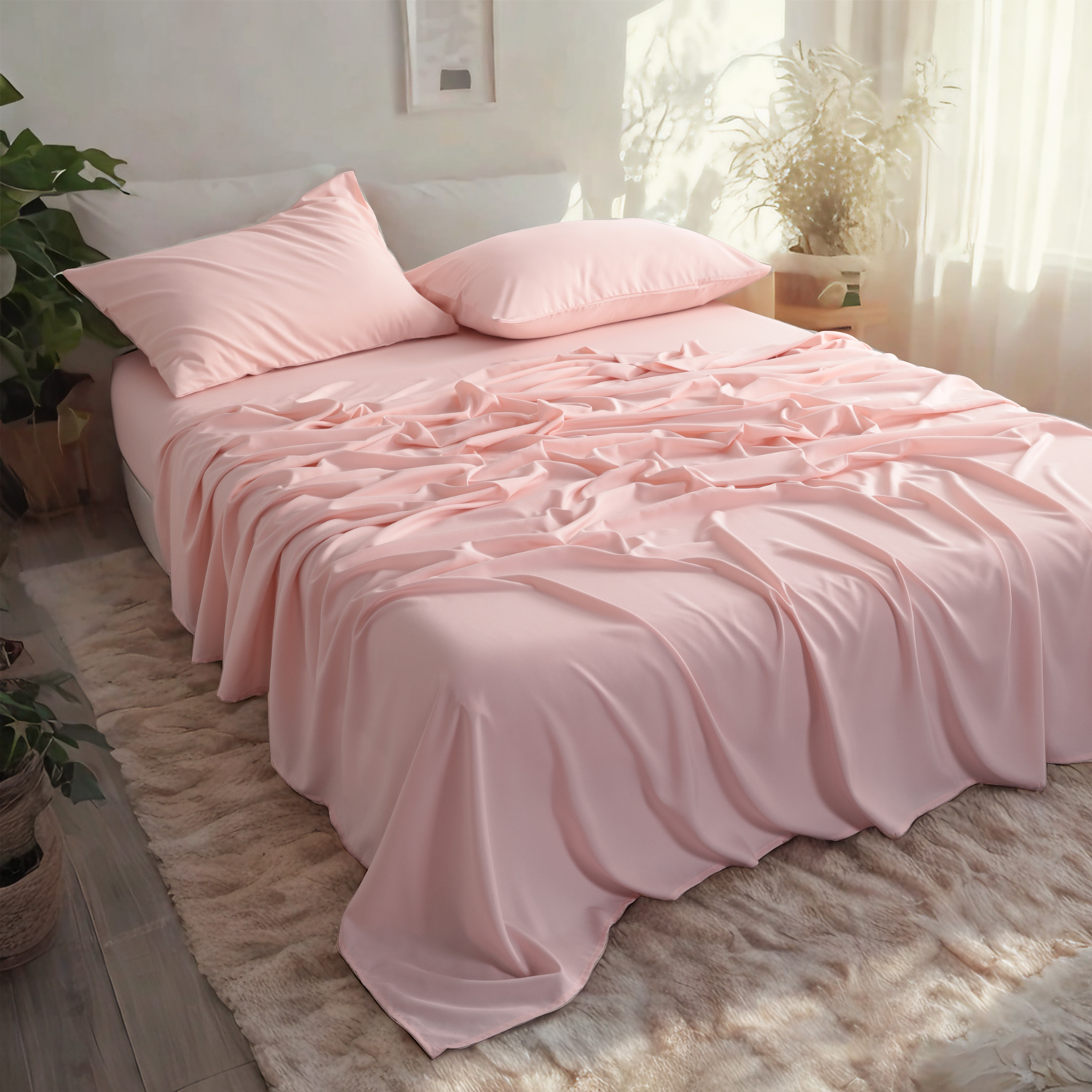 竹纤维床单套装，人造丝，柔软凉爽，含床单、枕套、深口袋床笠，浅粉