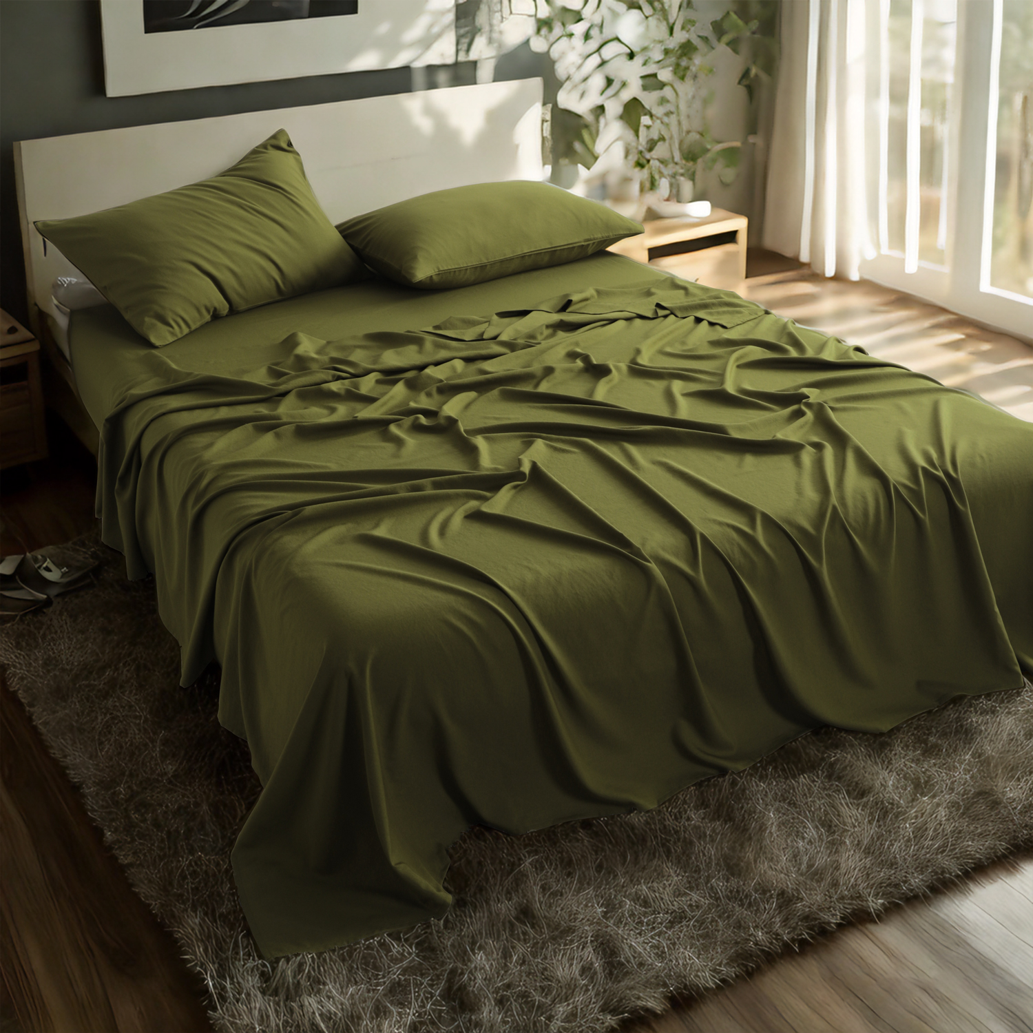 竹纤维床单套装，人造丝，柔软凉爽，含床单、枕套、深口袋床笠，军绿