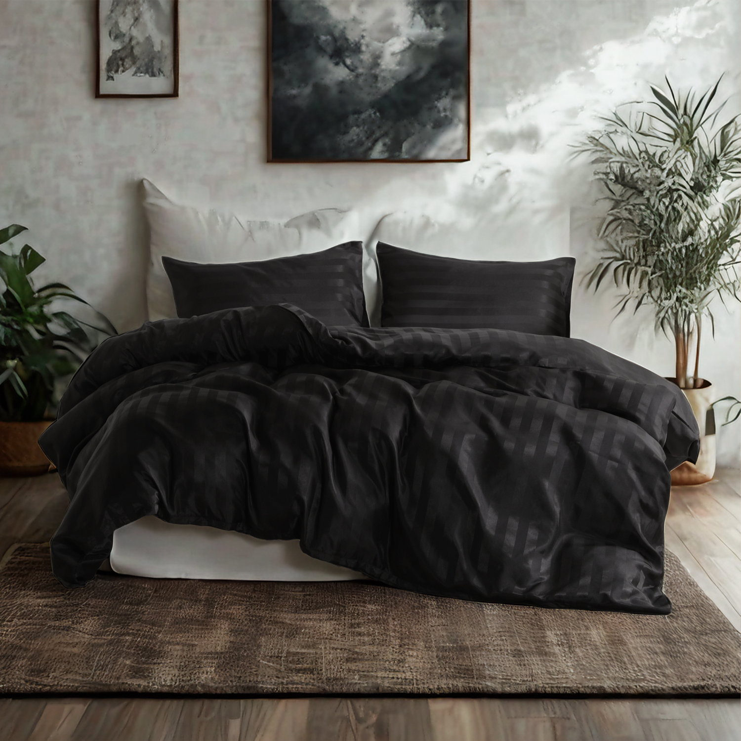 色丁缎条被套三件套，奢华丝滑，黑色