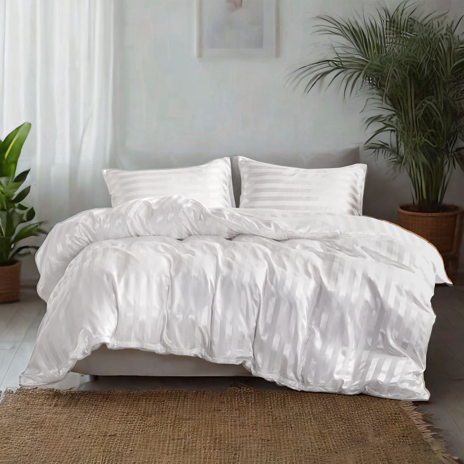 色丁缎条被套三件套，奢华丝滑，白色