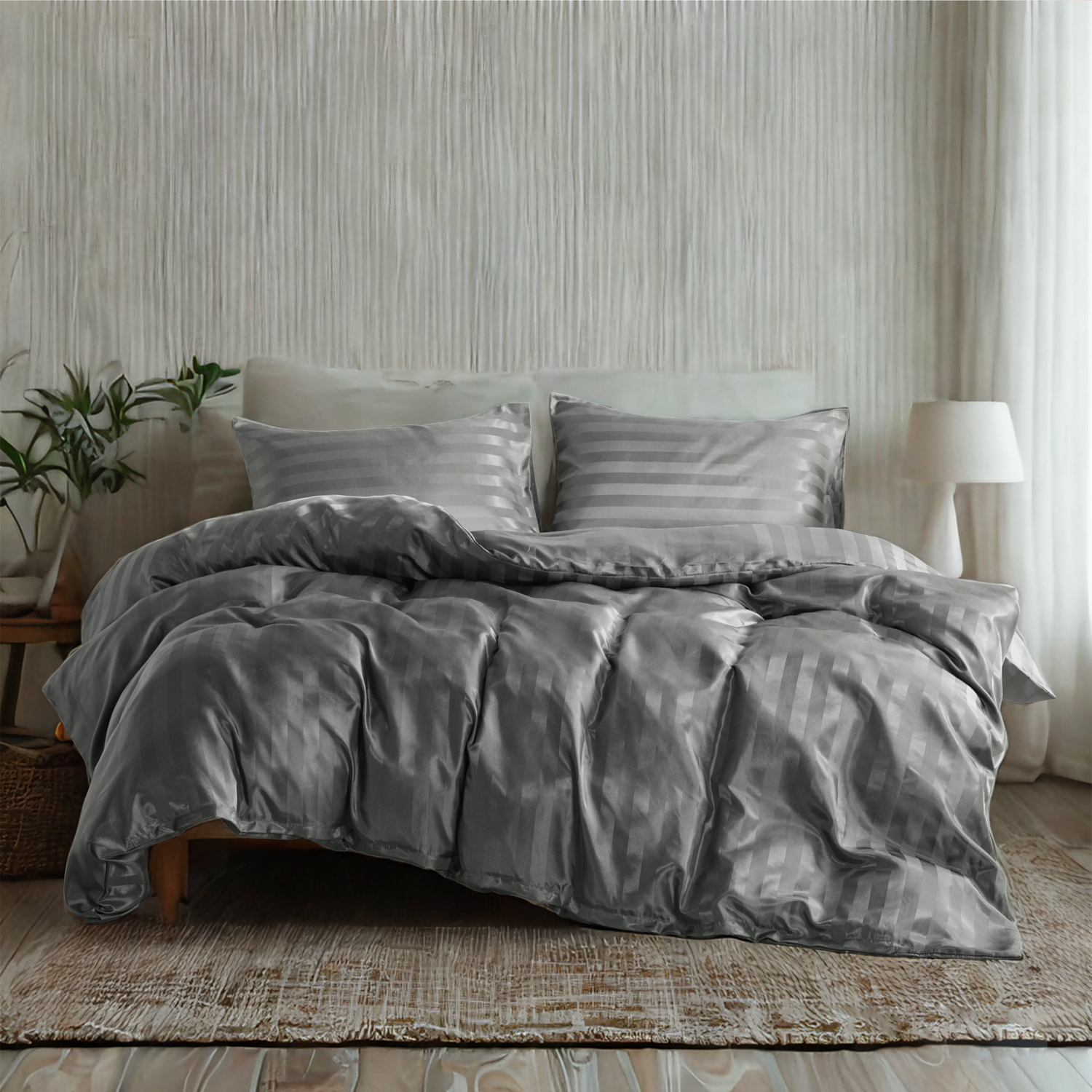 Satin duvet cover set of three, luxuriously silky, dark grey