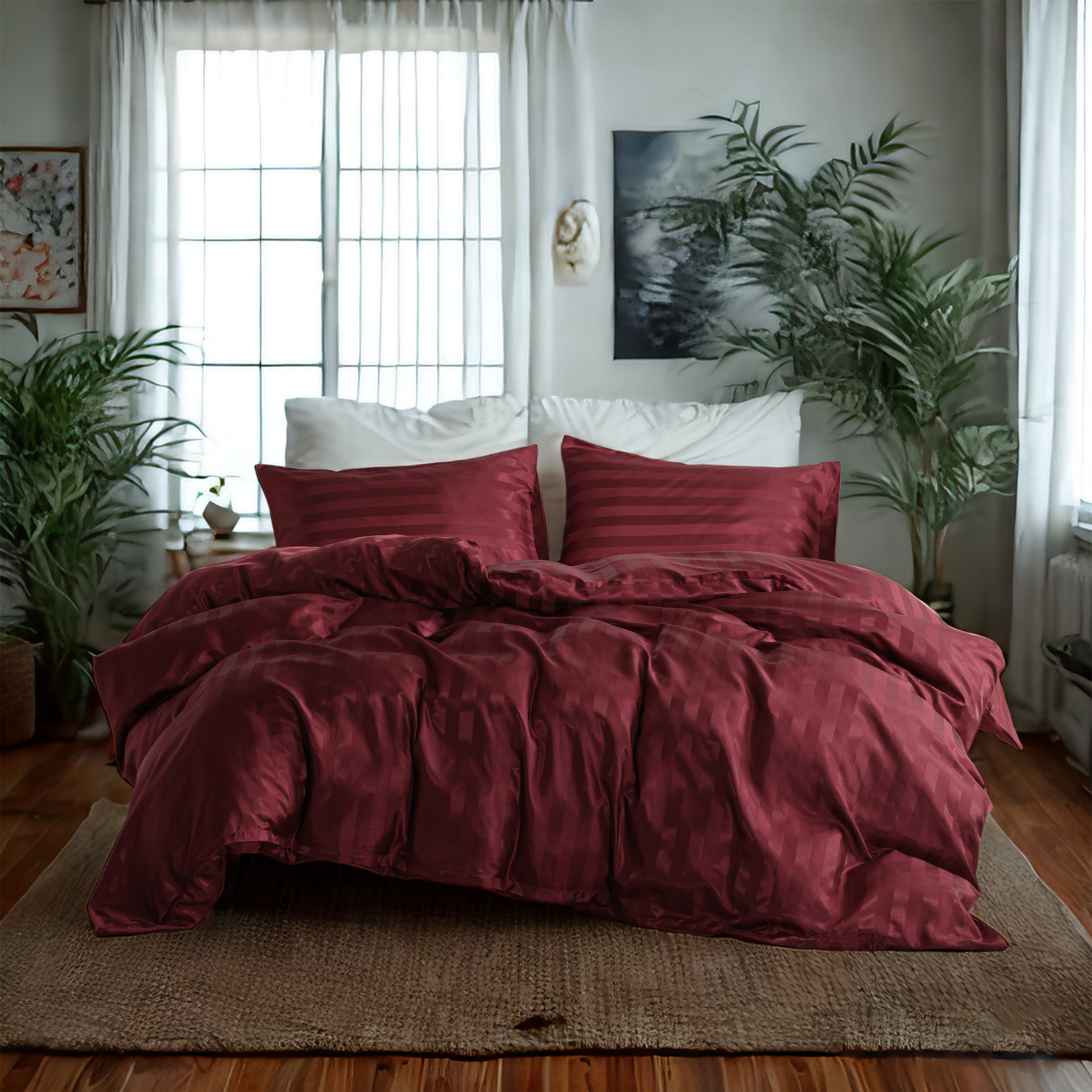 色丁缎条被套三件套，奢华丝滑，酒红