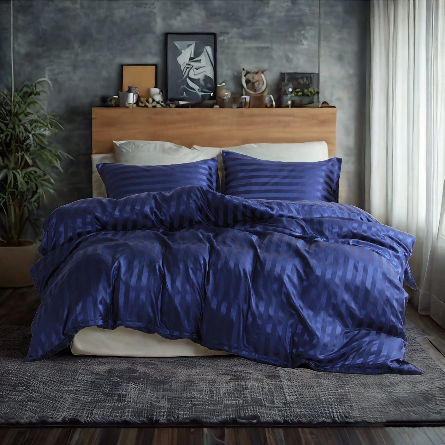 Satin duvet cover set of three, luxuriously silky, navy