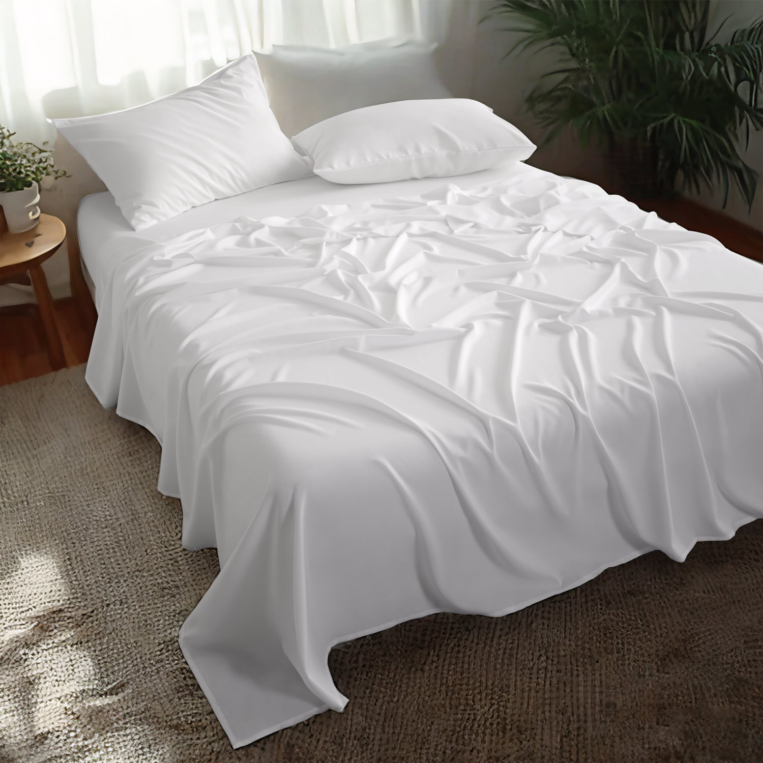 竹纤维床单套装，人造丝，柔软凉爽，含床单、枕套、深口袋床笠，白色