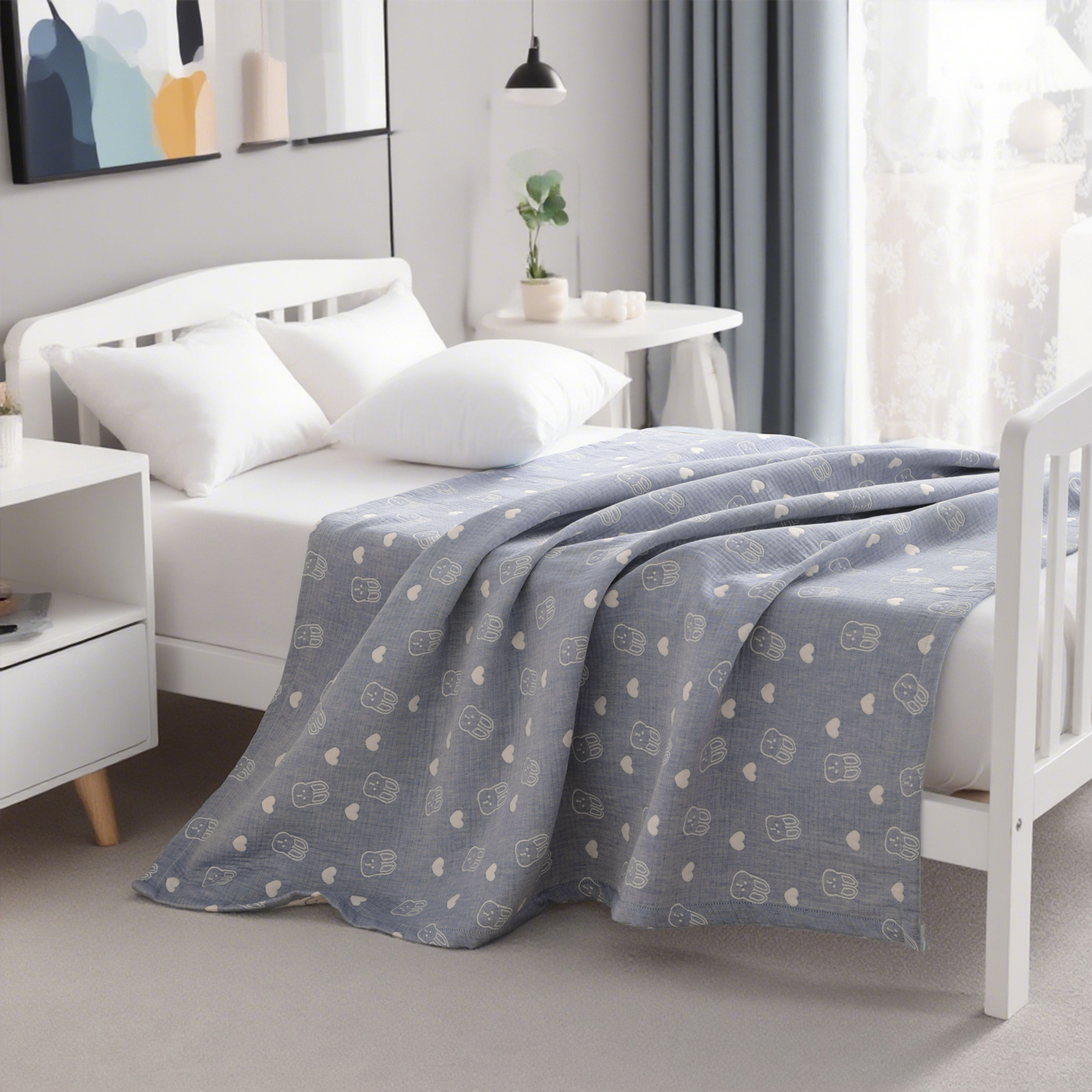 3 层薄纱棉质幼儿毯，轻便保暖，提花婴儿毯，四季皆宜