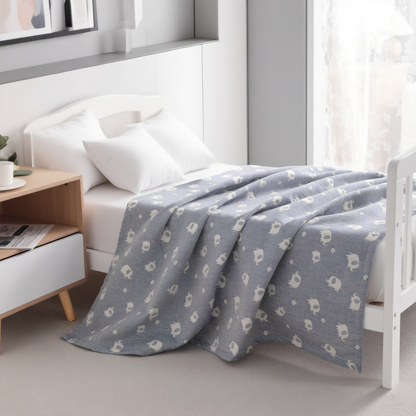 3 层薄纱棉质幼儿毯，轻便保暖，提花婴儿毯，四季皆宜