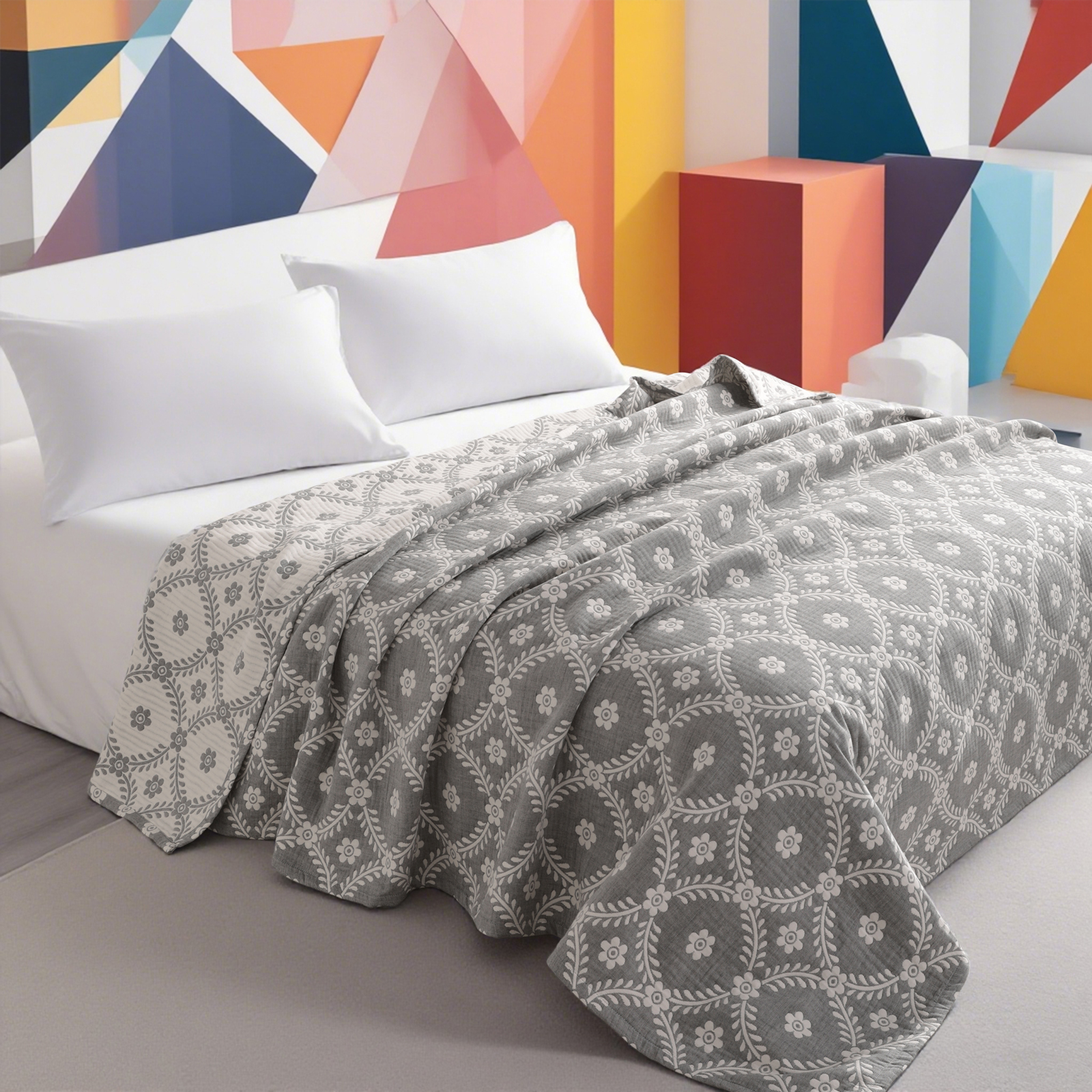 3 层纯棉薄纱床毯，柔软透气，成人用双层被，适用于四季沙发