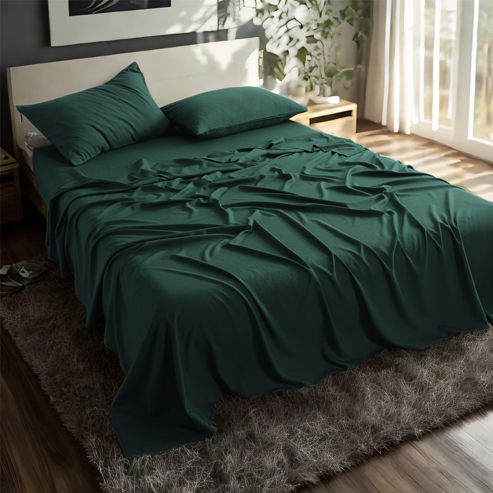 Bamboo fiber bed sheet suit, rayon, soft and cool, including bed sheet, pillowcase, deep pocket bed hat, Emerald