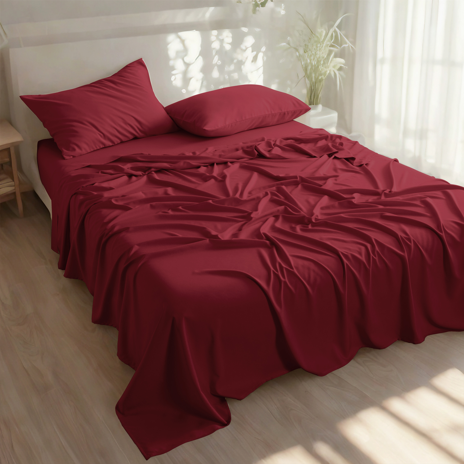 竹纤维床单套装，人造丝，柔软凉爽，含床单、枕套、深口袋床笠，酒红