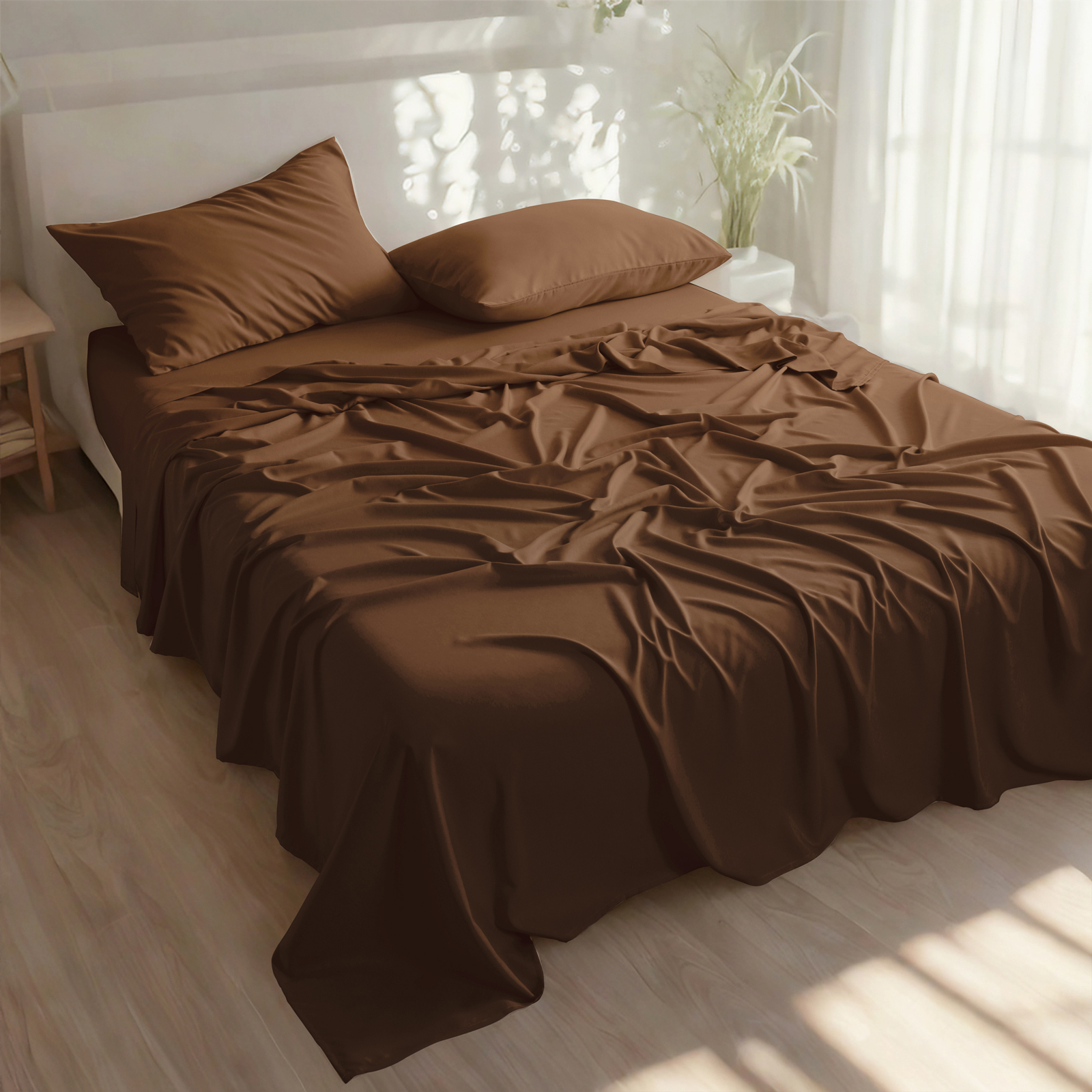 竹纤维床单套装，人造丝，柔软凉爽，含床单、枕套、深口袋床笠，咖啡