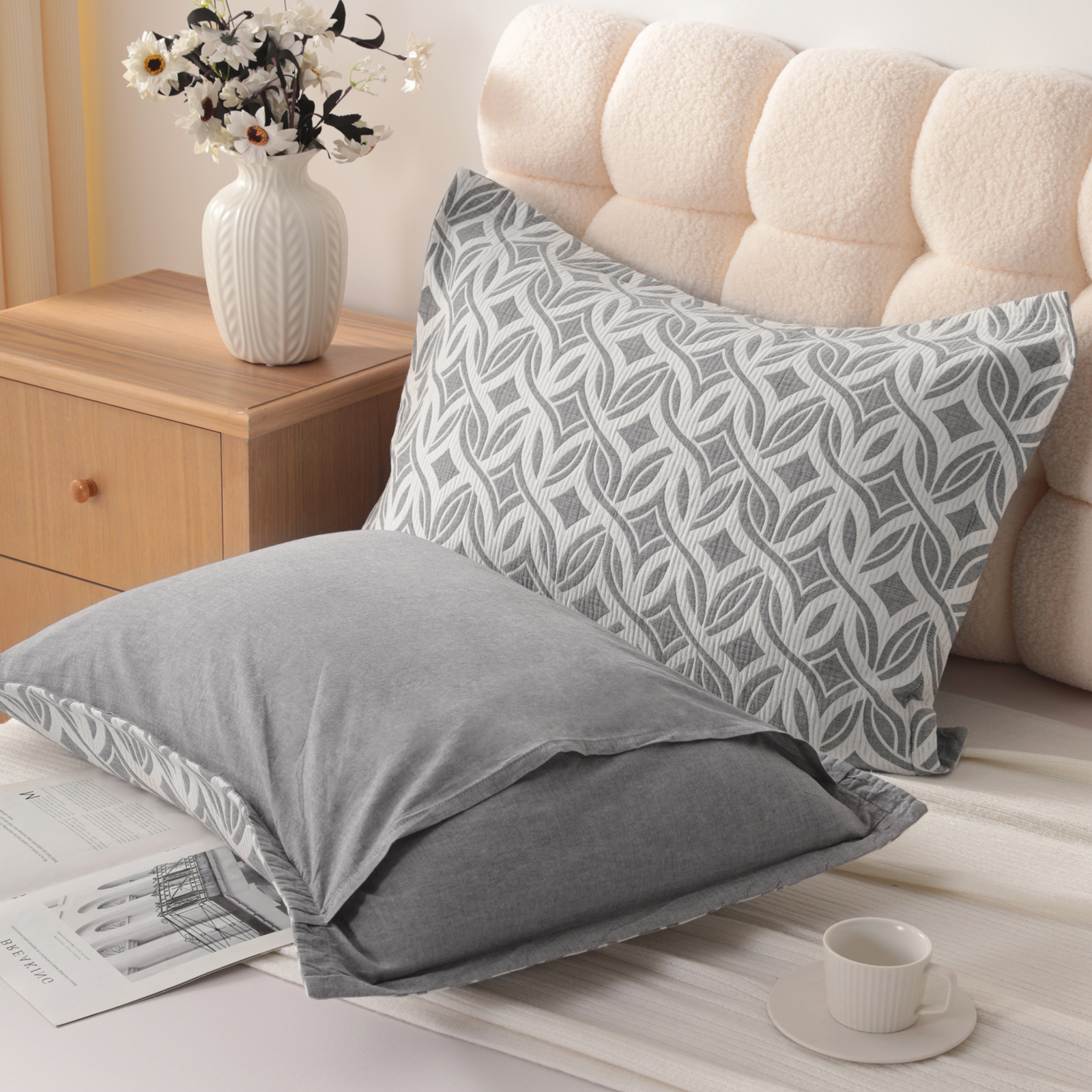 棉质枕套，3层平纹细布透气柔软保暖色织枕套，2只装，信封式封口