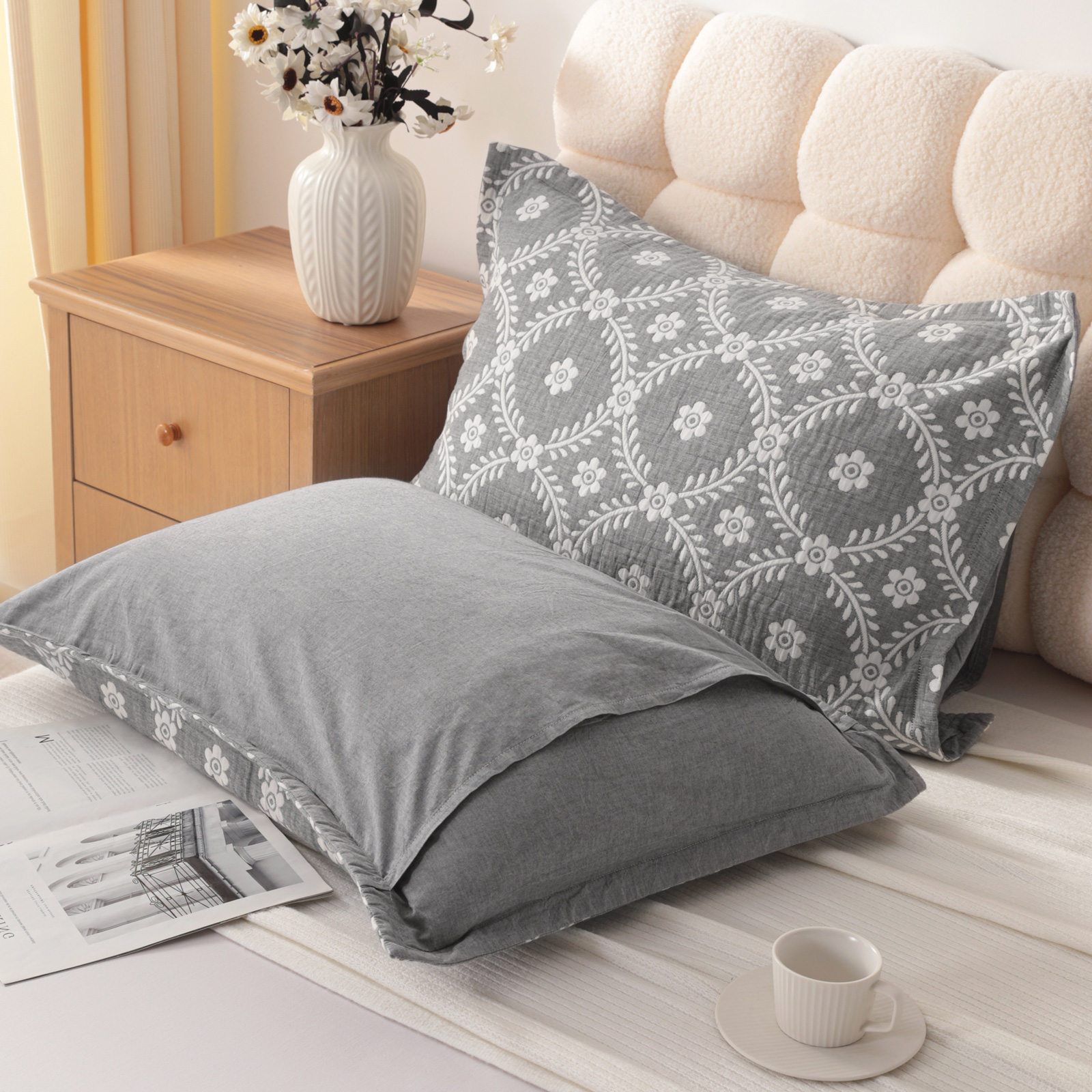 Cotton Pillow Shams, 3 Layer Muslin Breathable Soft Thermal Yarn Dyed Sham Covers, 2 Pack，with Envelope Closure