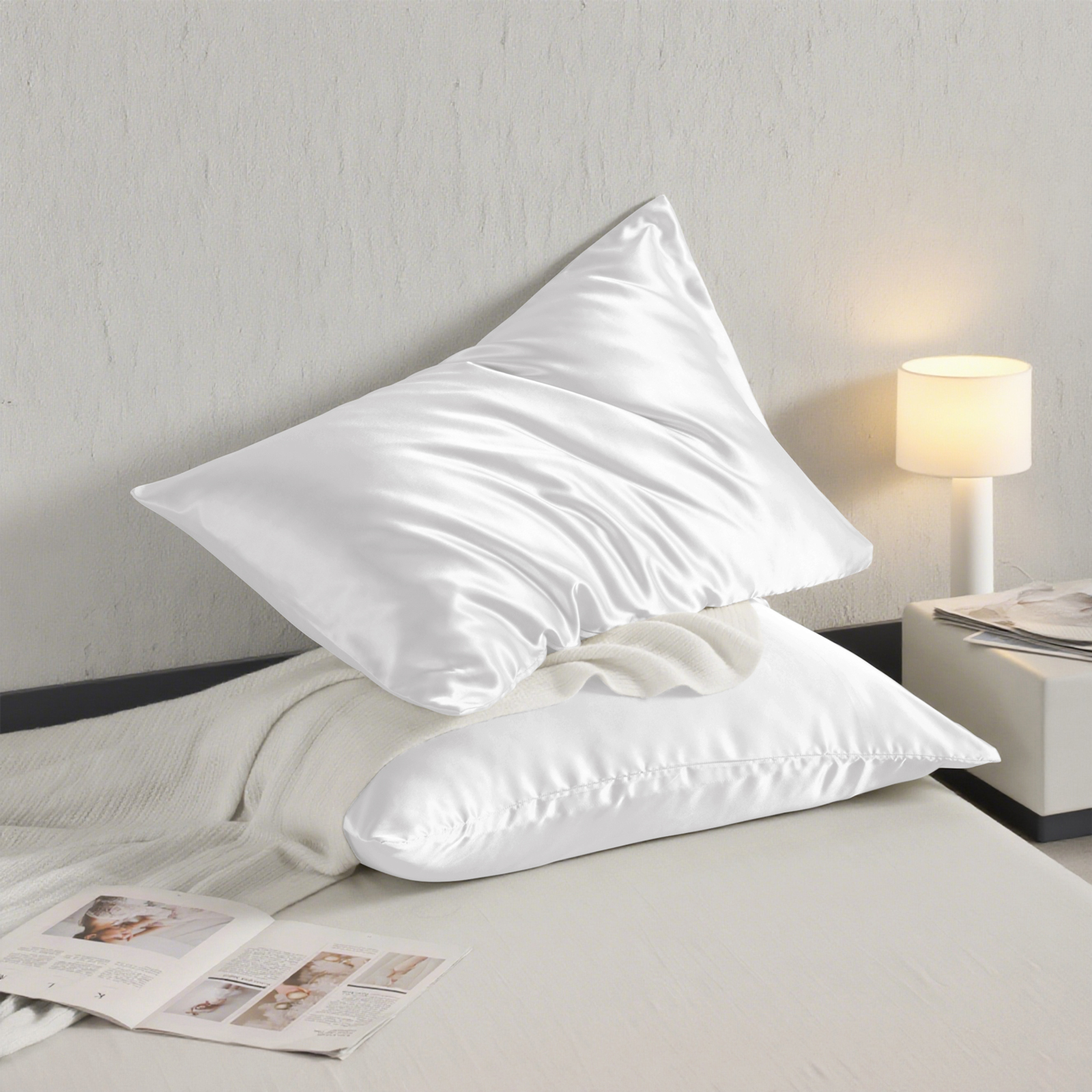 Two Glossy Satin Pillowcases, Luxurious and Silky Pillow Cases with Envelope Closure for Hair and Skin