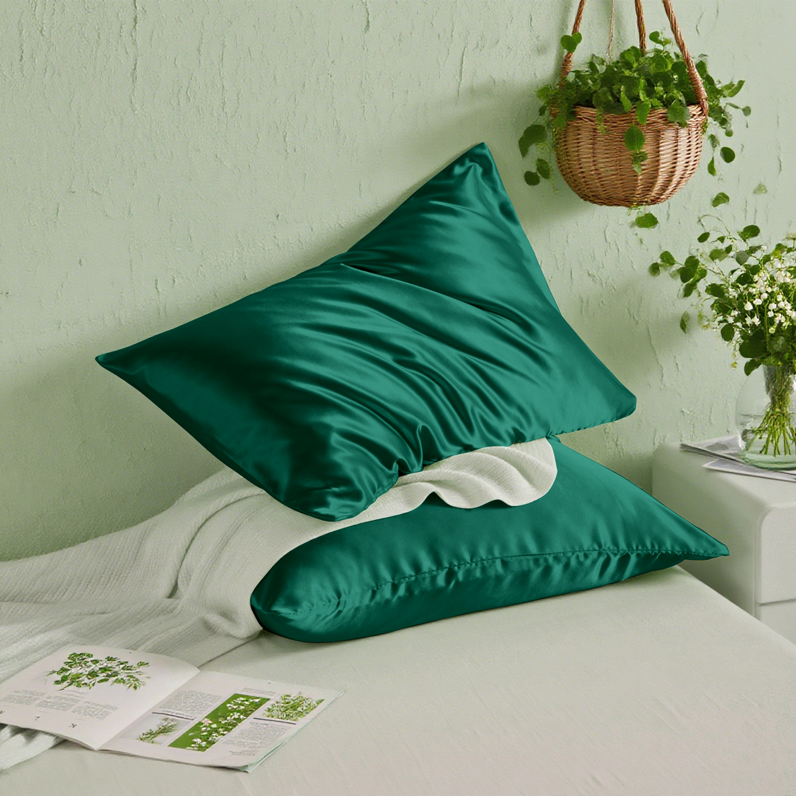 2个有光色丁枕套，奢华丝滑枕套，信封式封口，适合头发和皮肤