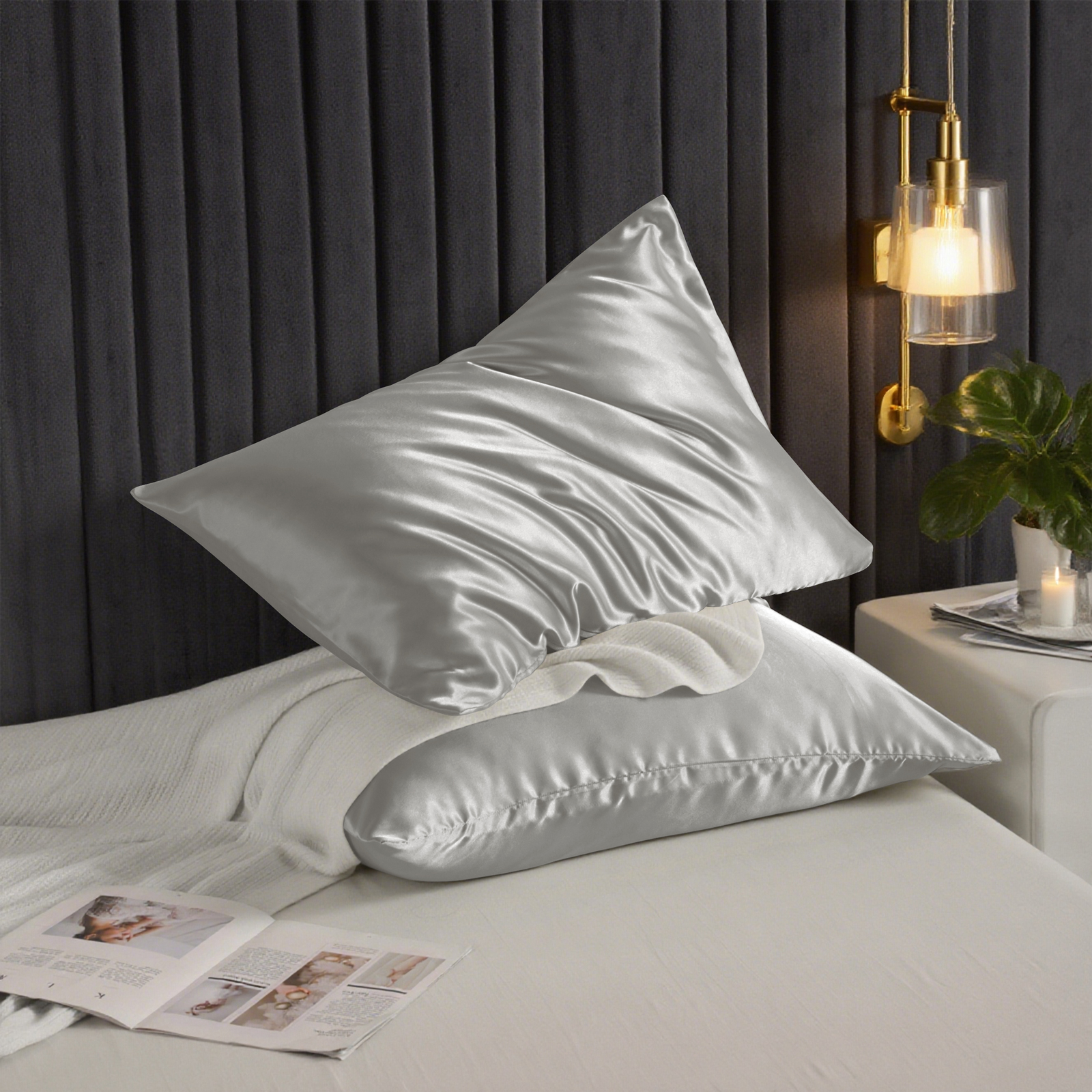 Two Glossy Satin Pillowcases, Luxurious and Silky Pillow Cases with Envelope Closure for Hair and Skin