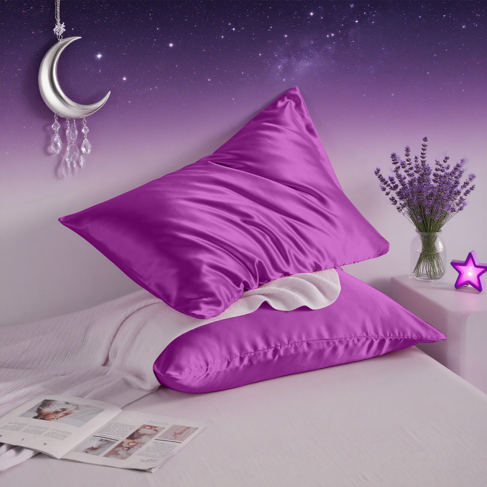 2个有光色丁枕套，奢华丝滑枕套，信封式封口，适合头发和皮肤