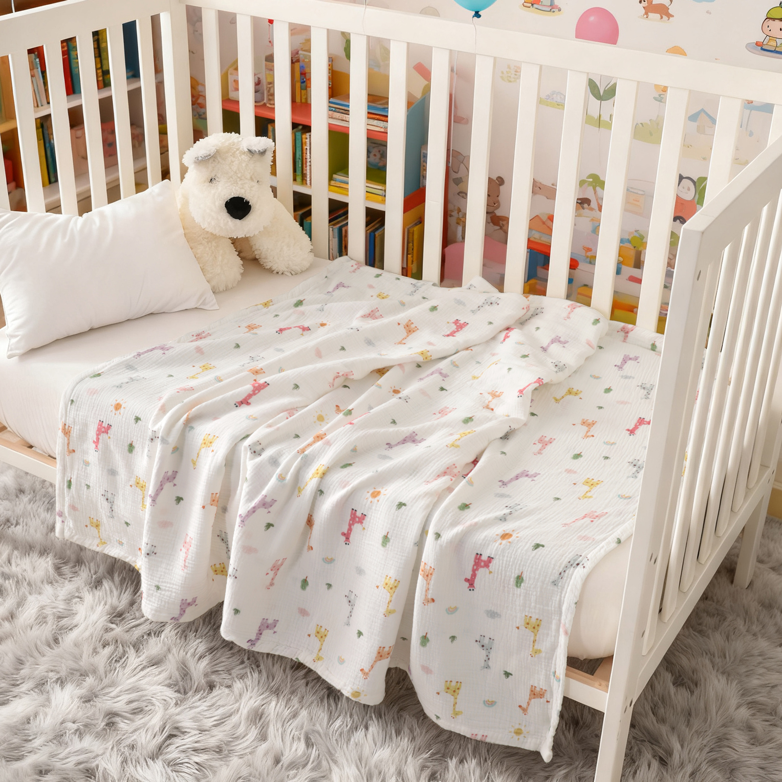 Cotton double-layer gauze baby swaddling blanket, light, soft and breathable, suitable for cribs and baby carriages