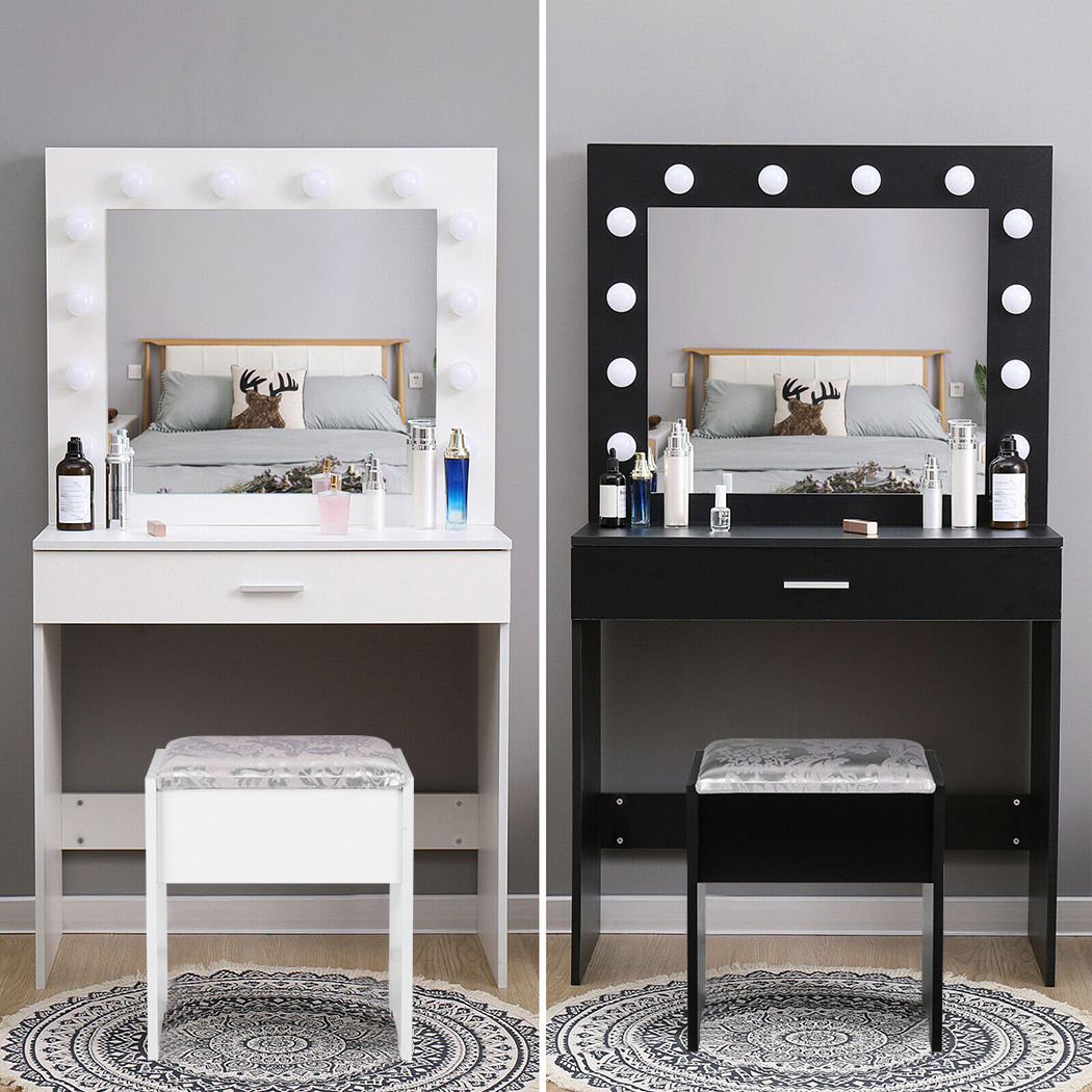 Led Lighted Mirror Drawer Stool Bedroom, Modern Makeup Vanity With Lighted Mirror