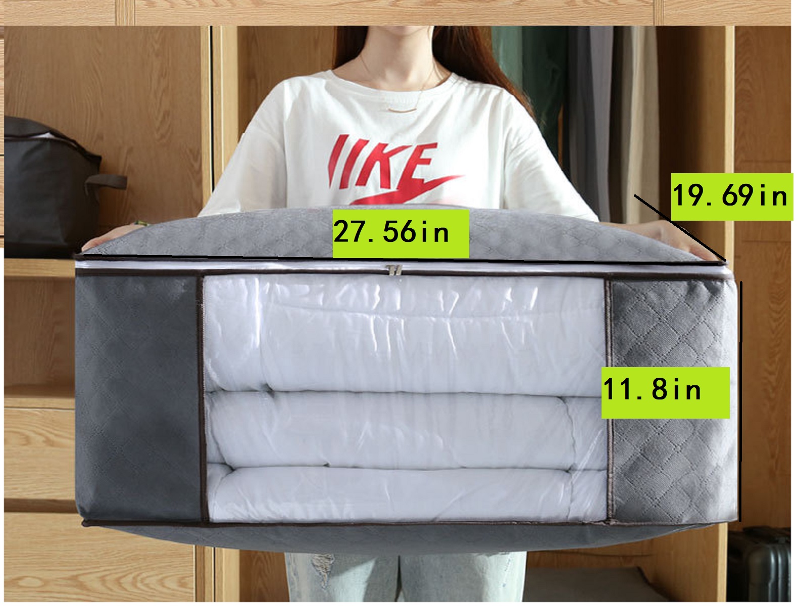 灰色被子收纳袋，特大号拉链袋，带透明大视窗和提手，节省空间的收纳袋，适用于衣柜、毛毯、枕头、床上用品、衣物