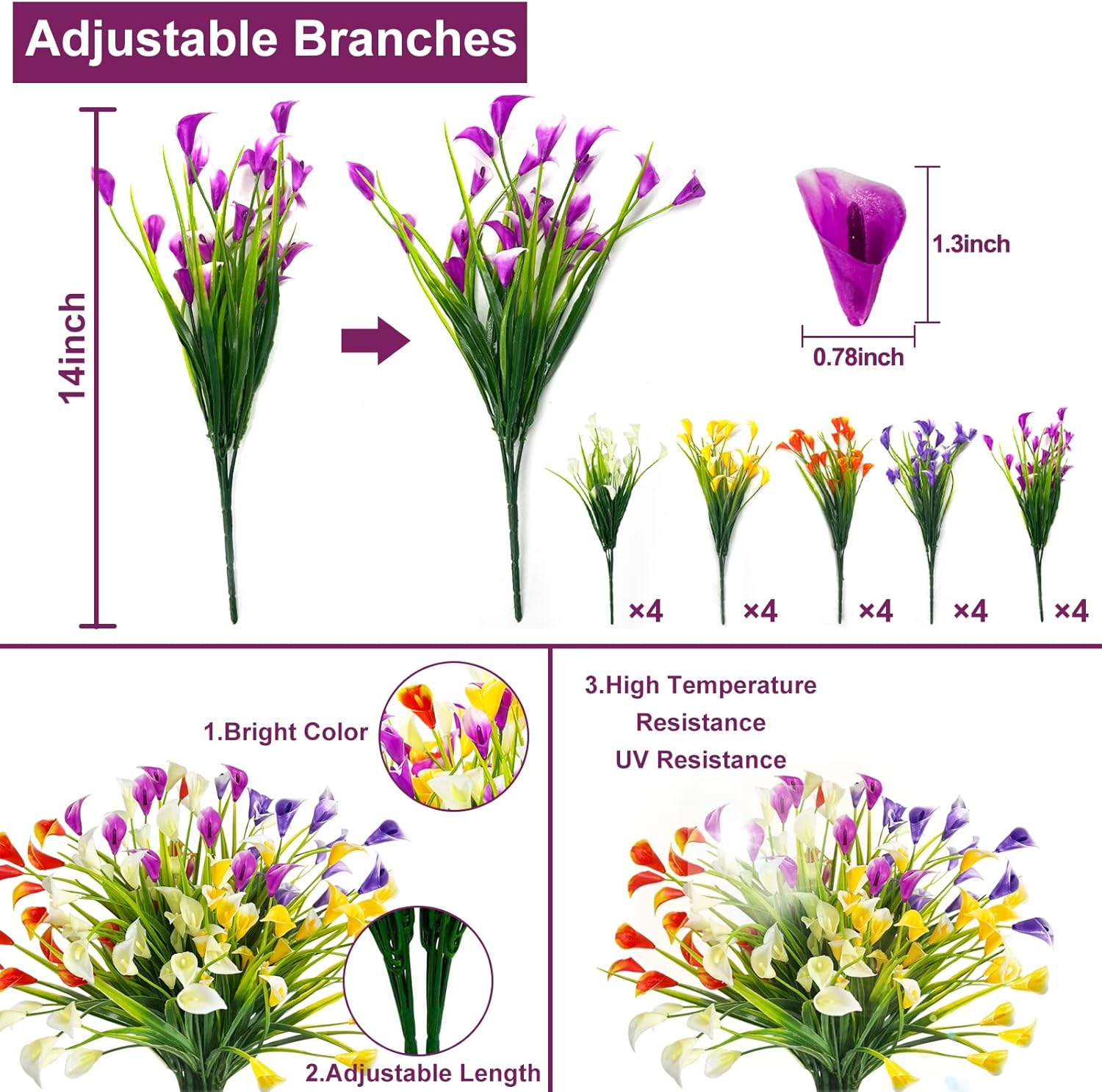 20 束马蹄莲（500 头）室外用人造花，假植物 防紫外线仿真塑料假花，适合室内花盆 家庭门廊装饰
