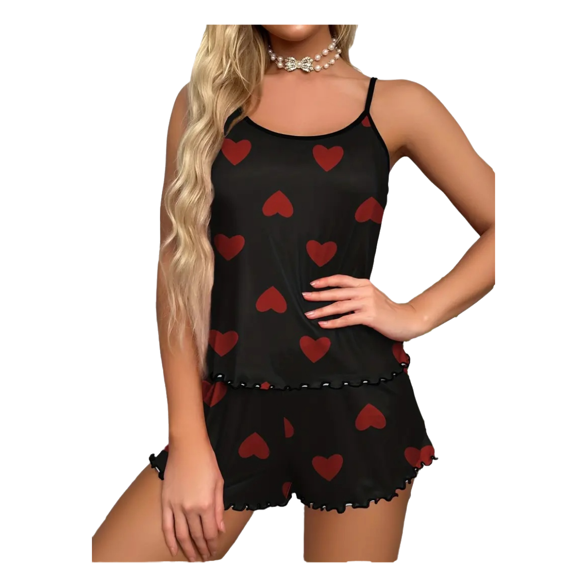 心形印花睡衣套装，圆领吊带上衣和短裤，女士睡衣和家居服