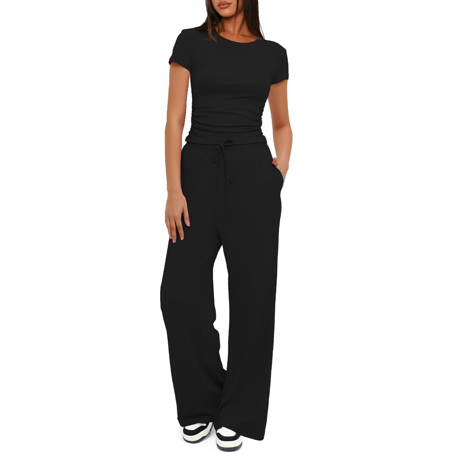 2 Piece Matching Summer Sweatsuit Lounge Set Womens Wide Leg Pants Side Ruching Crop Top Sets