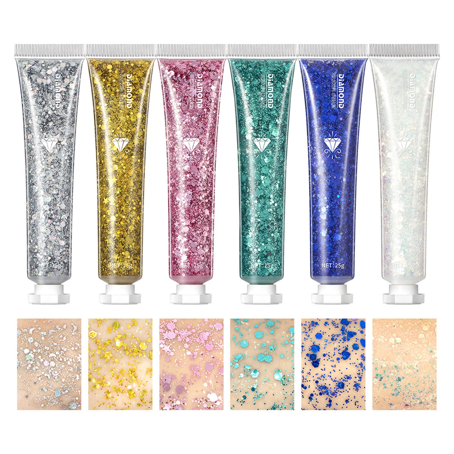 6 Pack Body Glitter Gel Face Glitter for Body, Face, Eye, Hair, Nails Glitter Makeup Liquid Long Lasting Sparkling Mermaid Chunky Glitter Gel for Festival Art Party