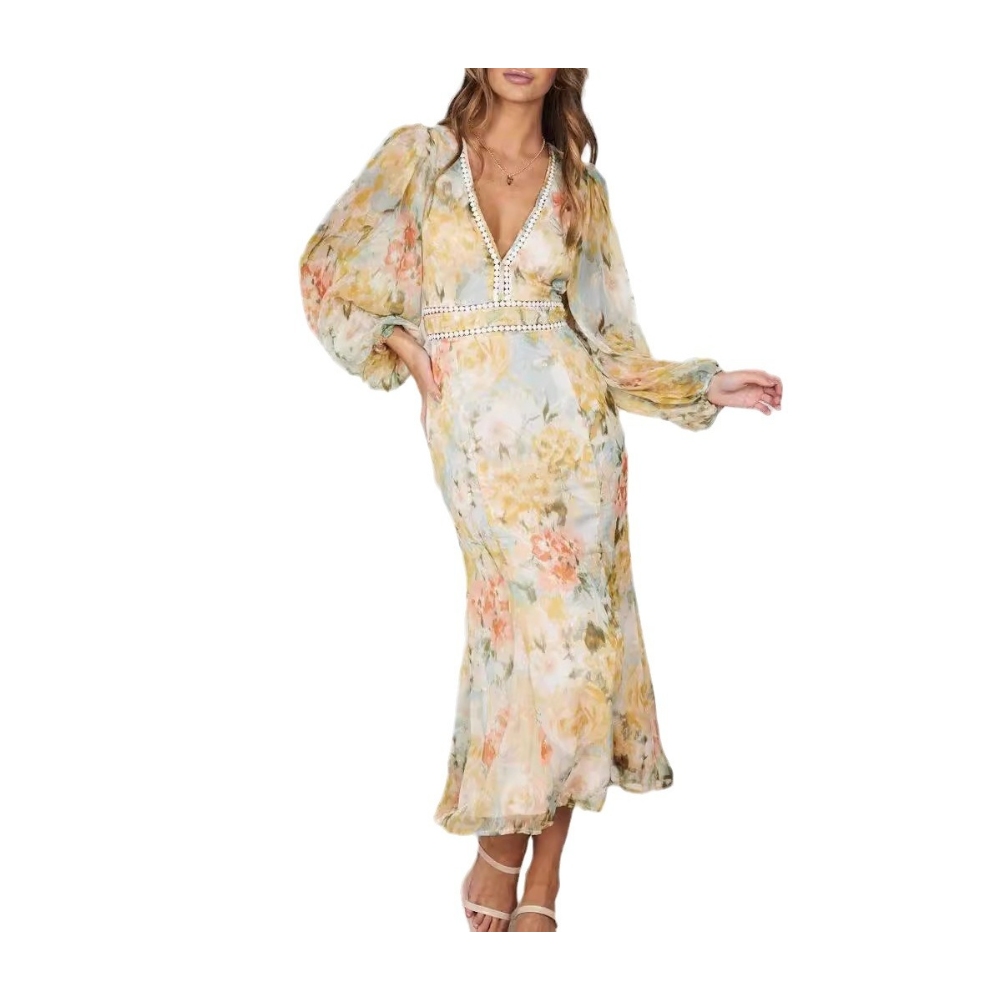 女装长款印花连衣裙修身不规折燕尾摆裙