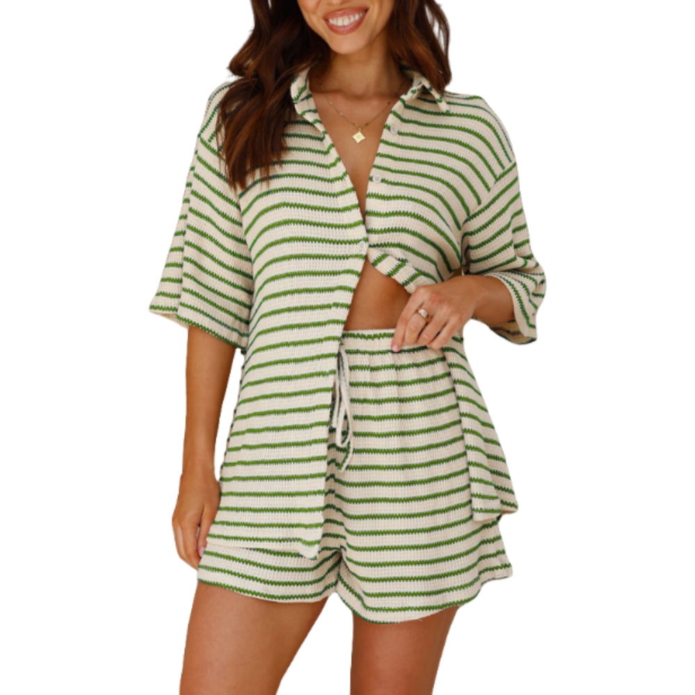 女士休闲两件套五分袖条纹衬衫上衣短裤套装