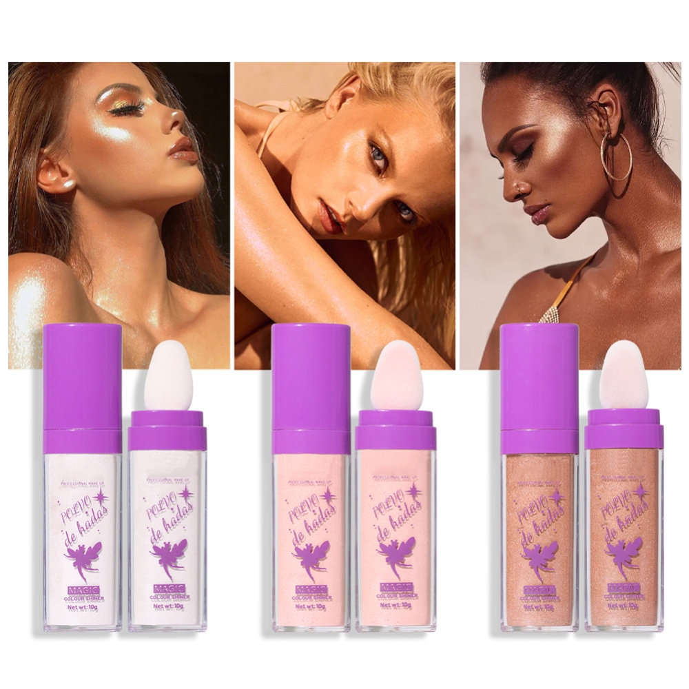 3色高光粉棒套装，三重闪亮闪光拍打式高光粉扑、 闪亮精灵高光粉，用于提亮面部、身体、唇部彩妆套装