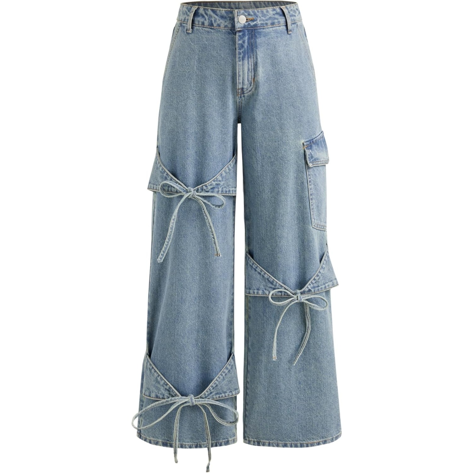 y2k欧美跨境蝴蝶结绑带设计感牛仔裤街头辣妹ins风阔腿裤宽松长裤