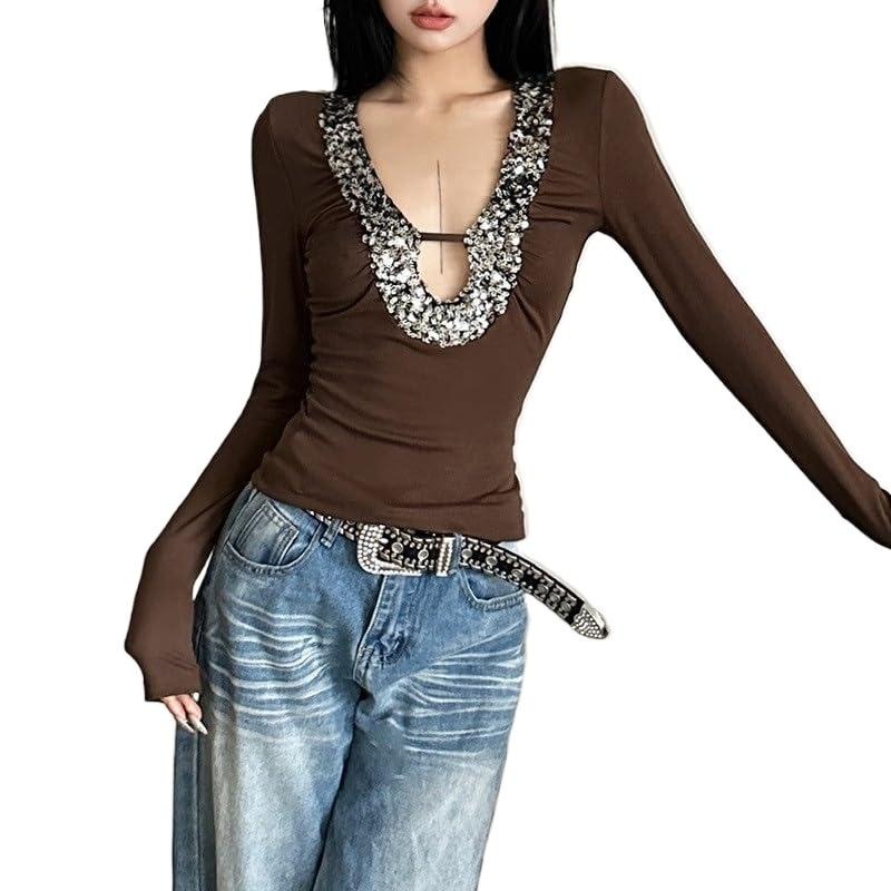 欧美跨境辣妹性感风亮片长袖T恤v领设计感打底衫修身内搭拼接上衣