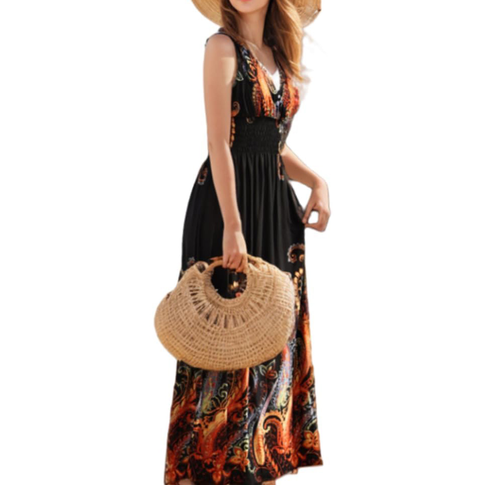 Women's Summer Printed Sleeveless Dress V-Neck Casual Beach Long Dresses